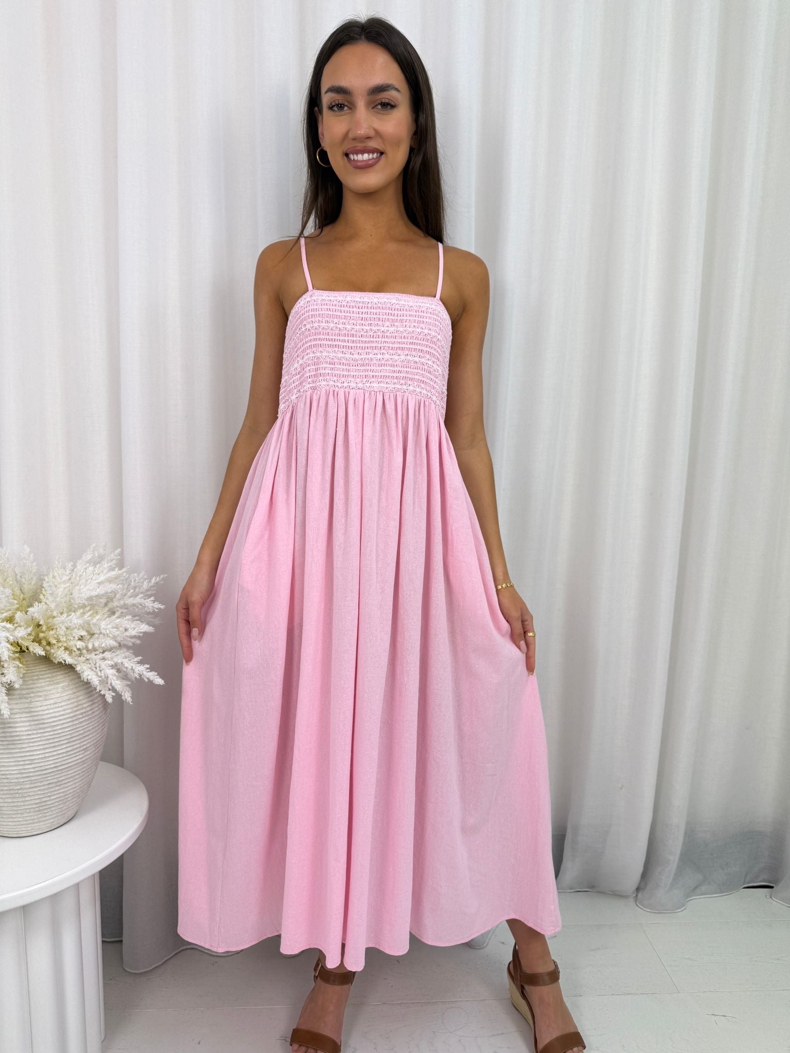 Lilah Shirred Maxi Dress Pink