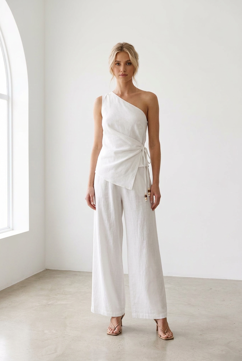 Jayma 1 Shoulder Top Pant Set White