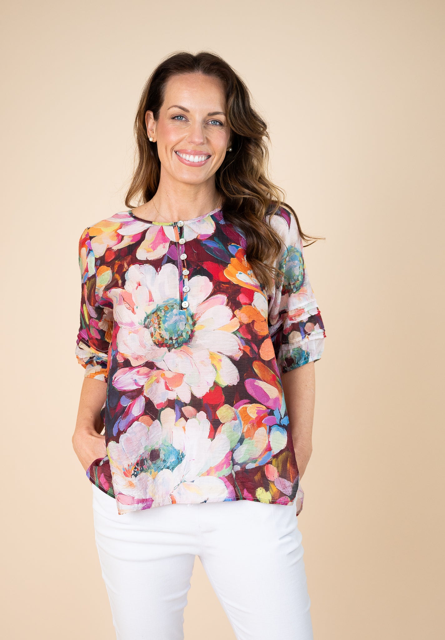 Poppy Floral Pleated Top Pink