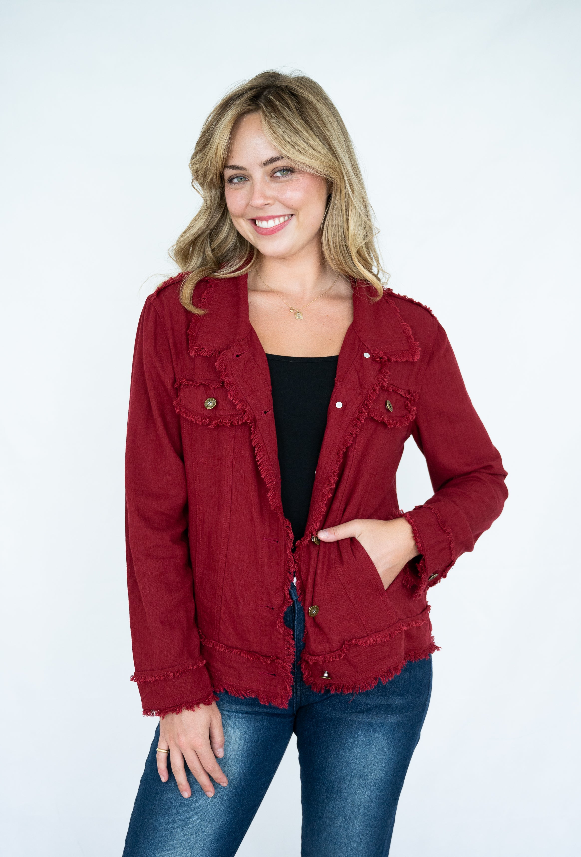 Linen Fringe Jacket Burgundy