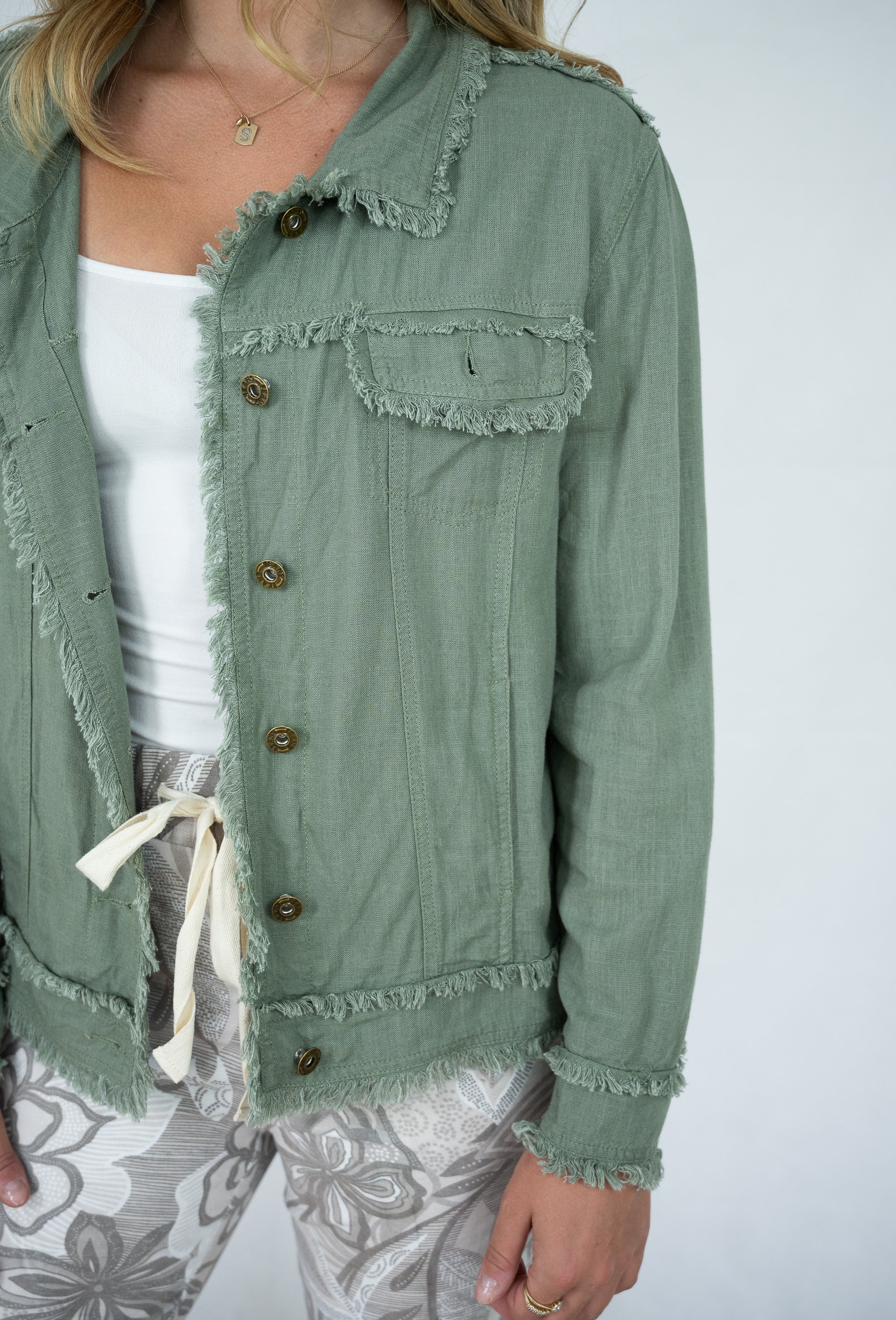 Linen Fringe Jacket Khaki