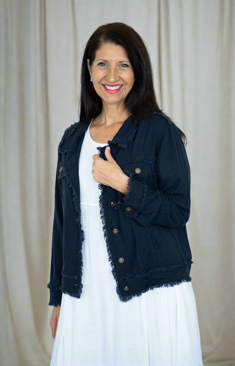 Linen Fringe Jacket Navy