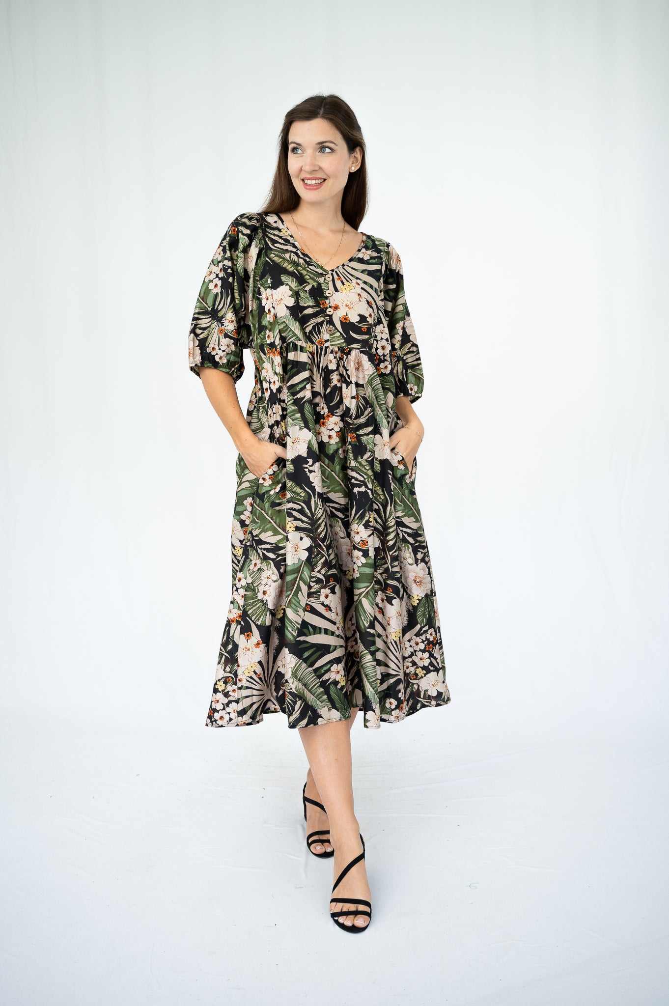 Yvonne Floral Peasant Dress Black
