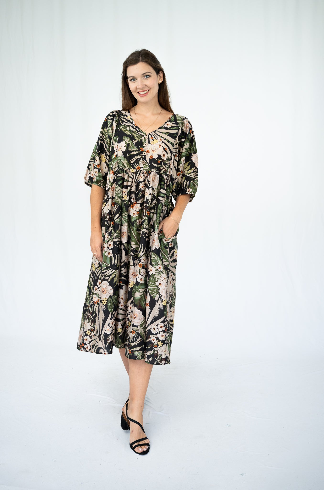 Yvonne Floral Peasant Dress Black