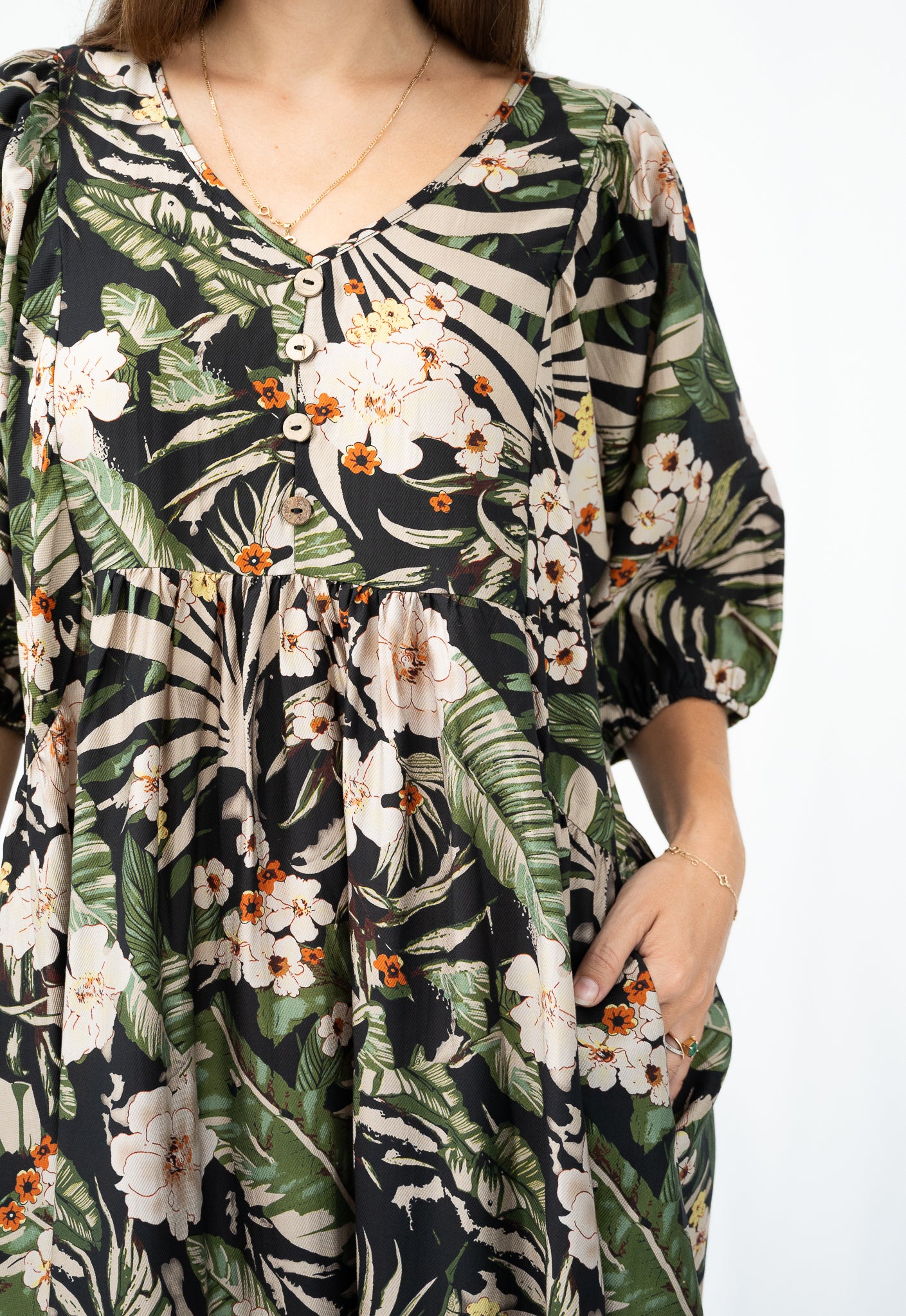 Yvonne Floral Peasant Dress Black