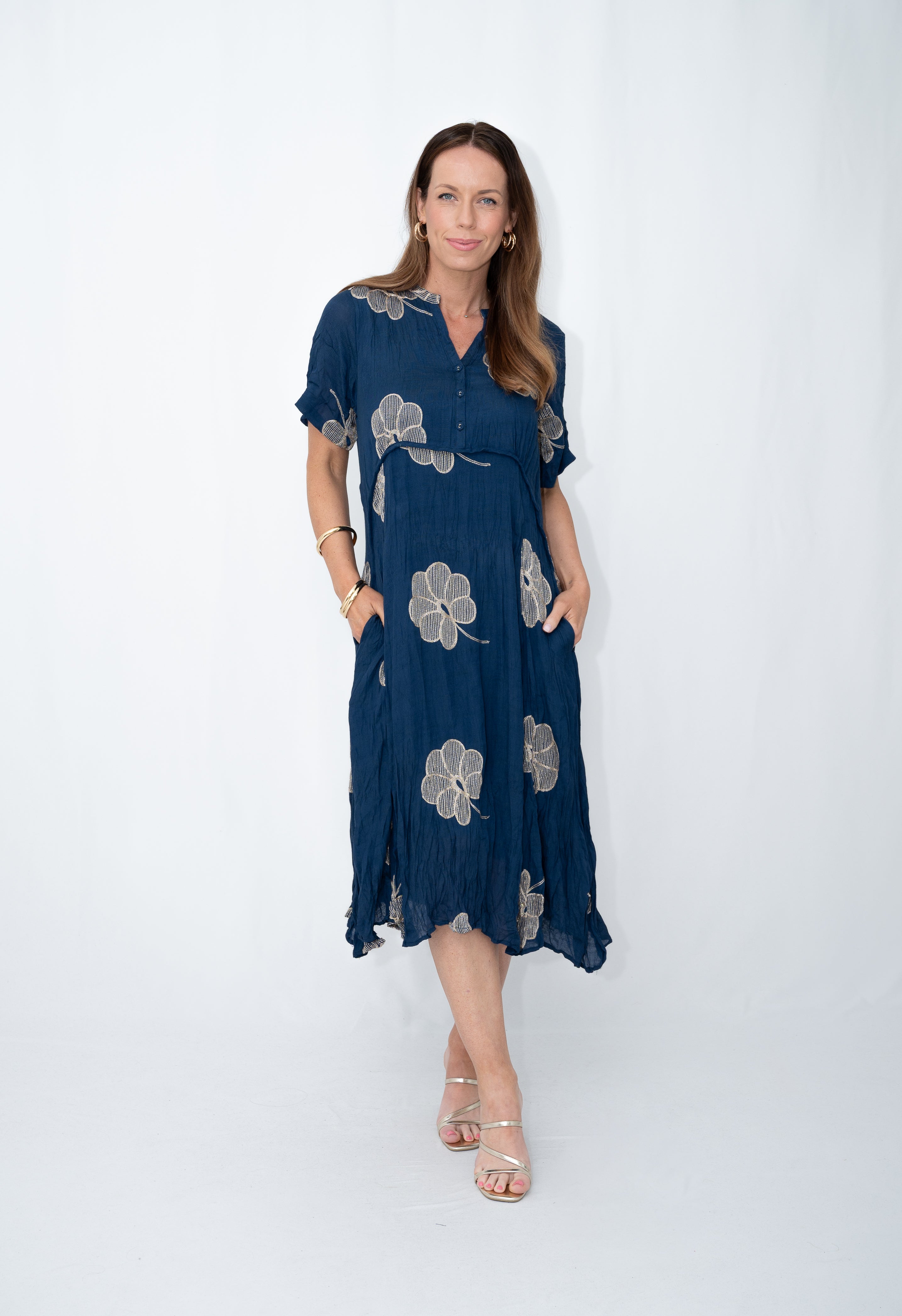 Nellie Embroidered Midi Dress Navy