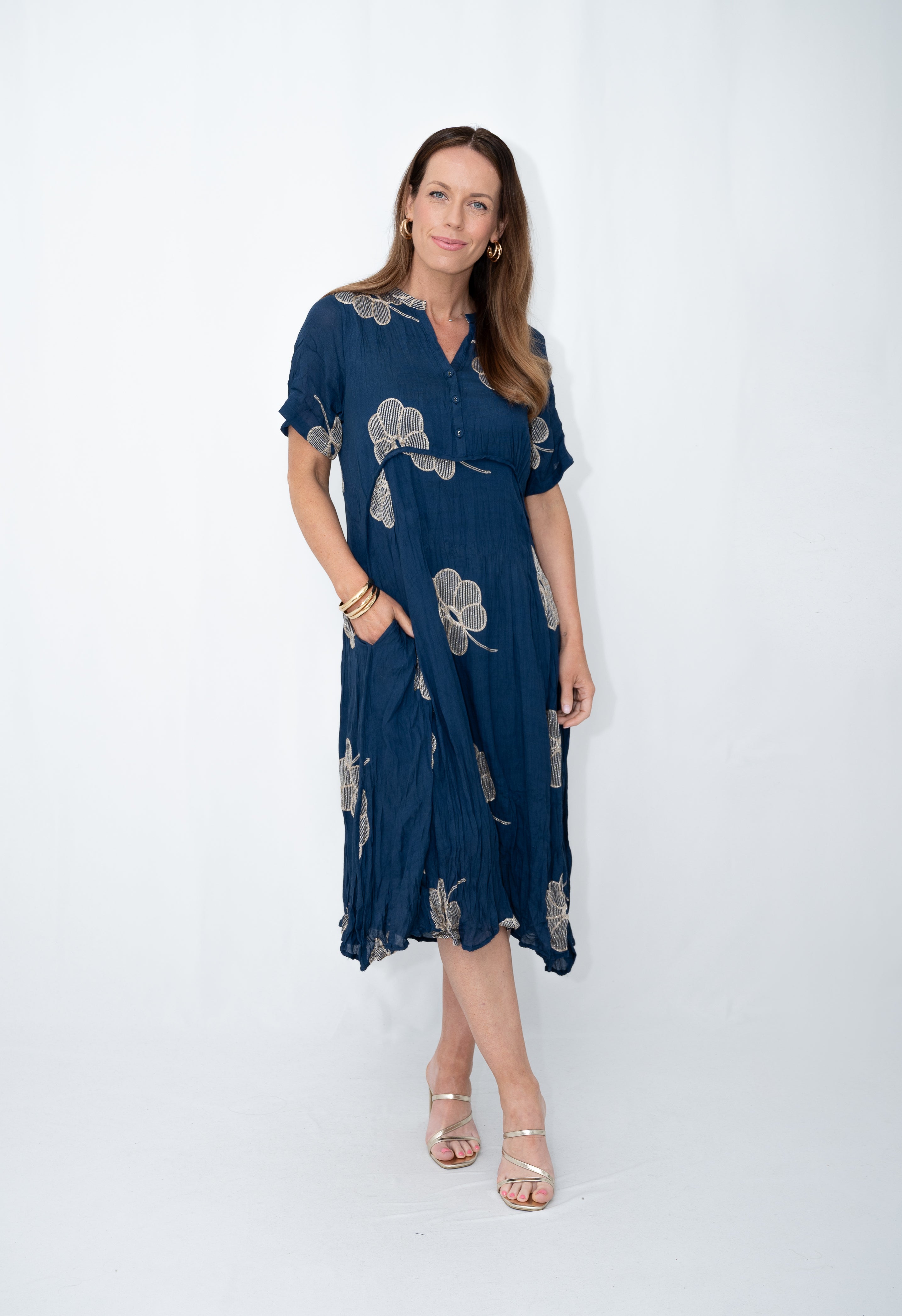 Nellie Embroidered Midi Dress Navy