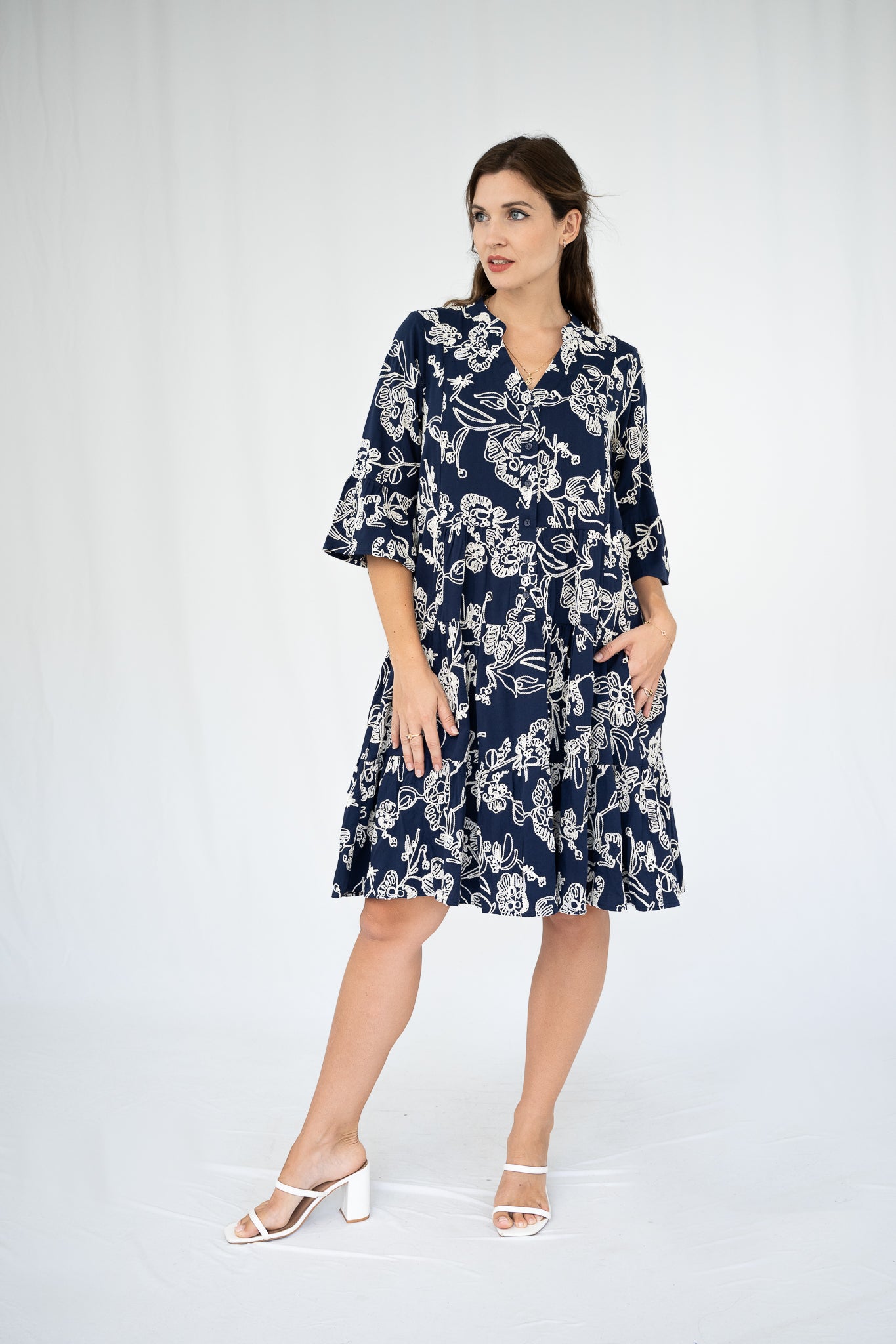 Pamela Embroidered Dress Navy