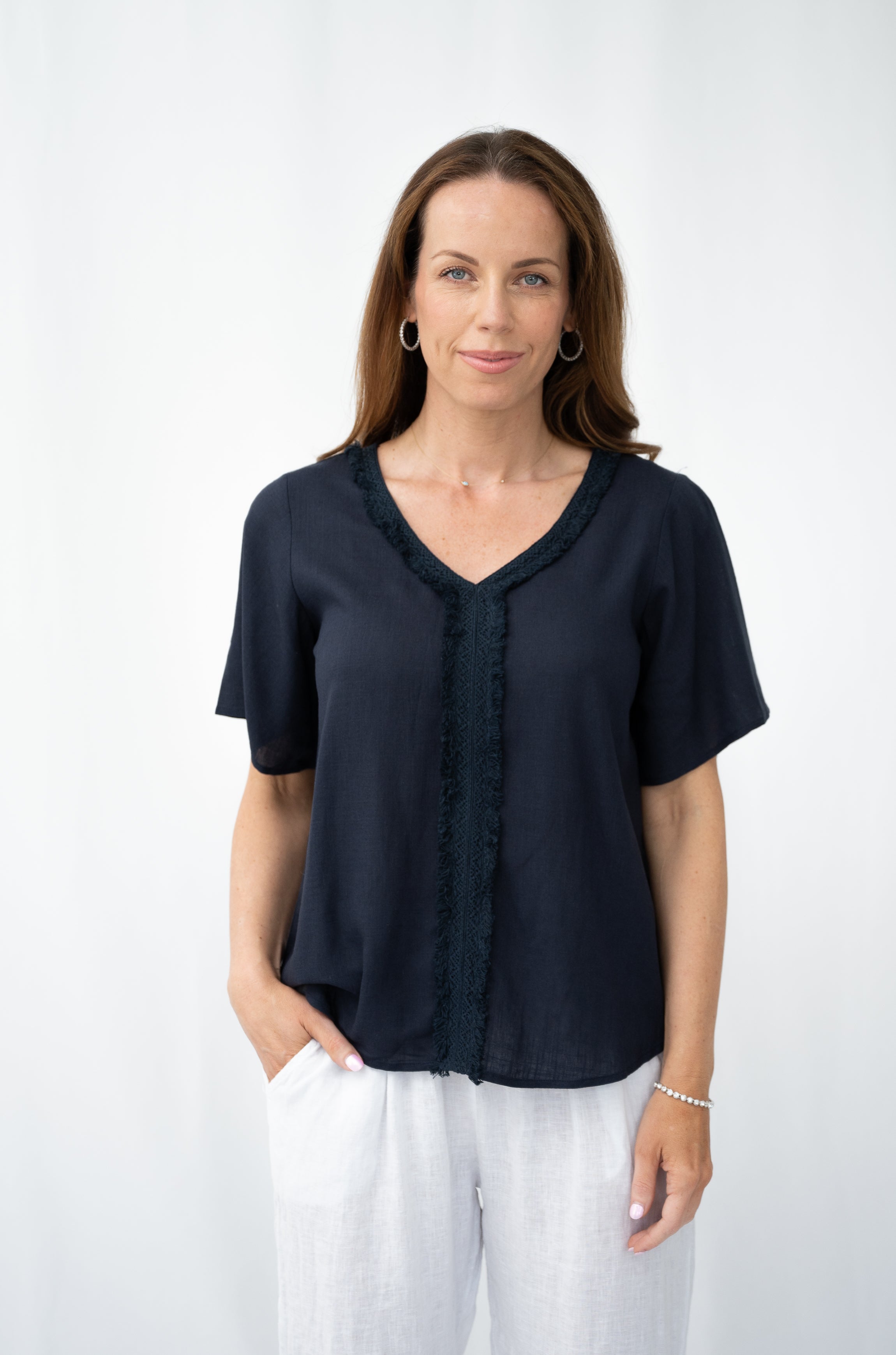 Jessie Lace Trim Top Navy