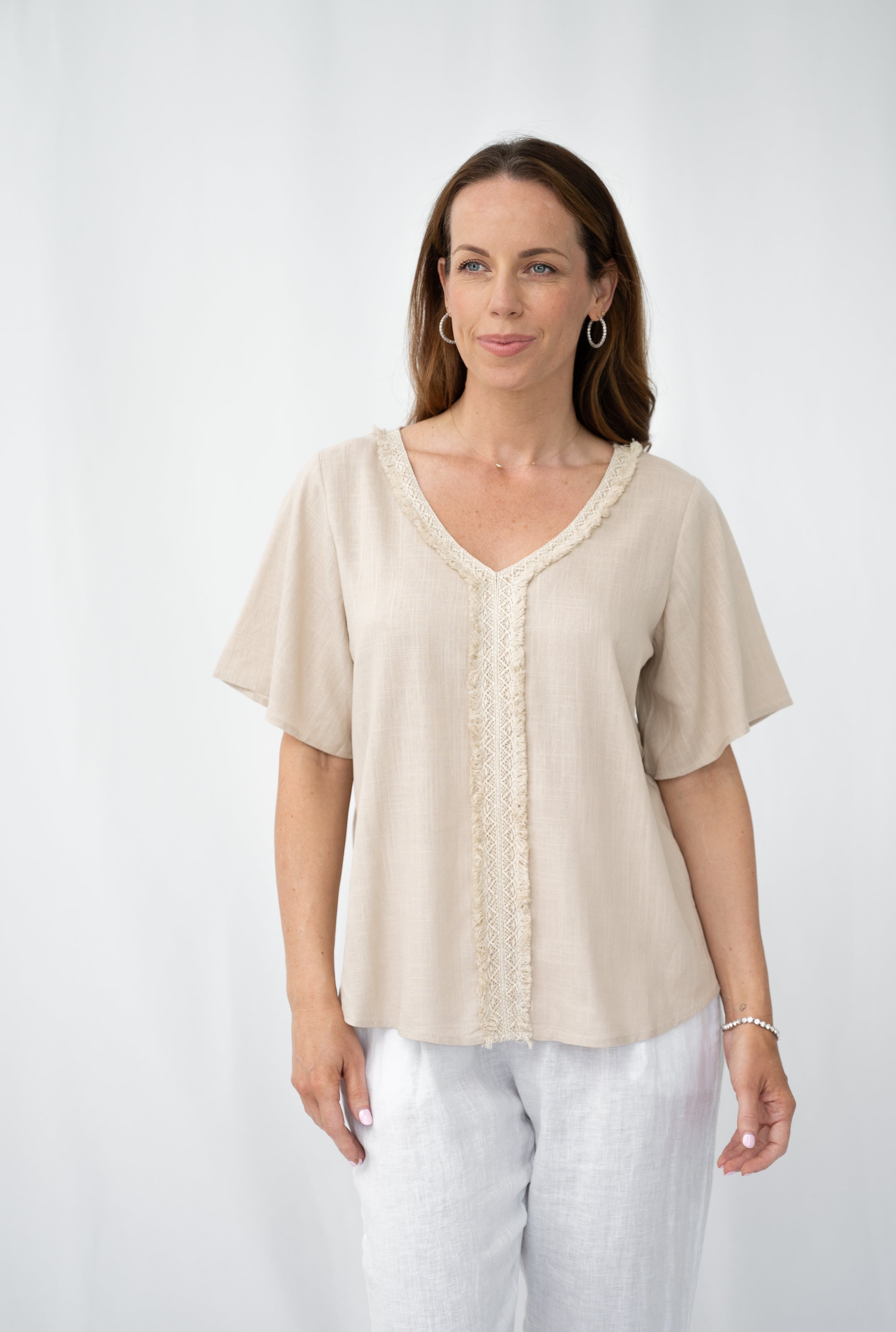 Jessie Lace Trim Top Taupe