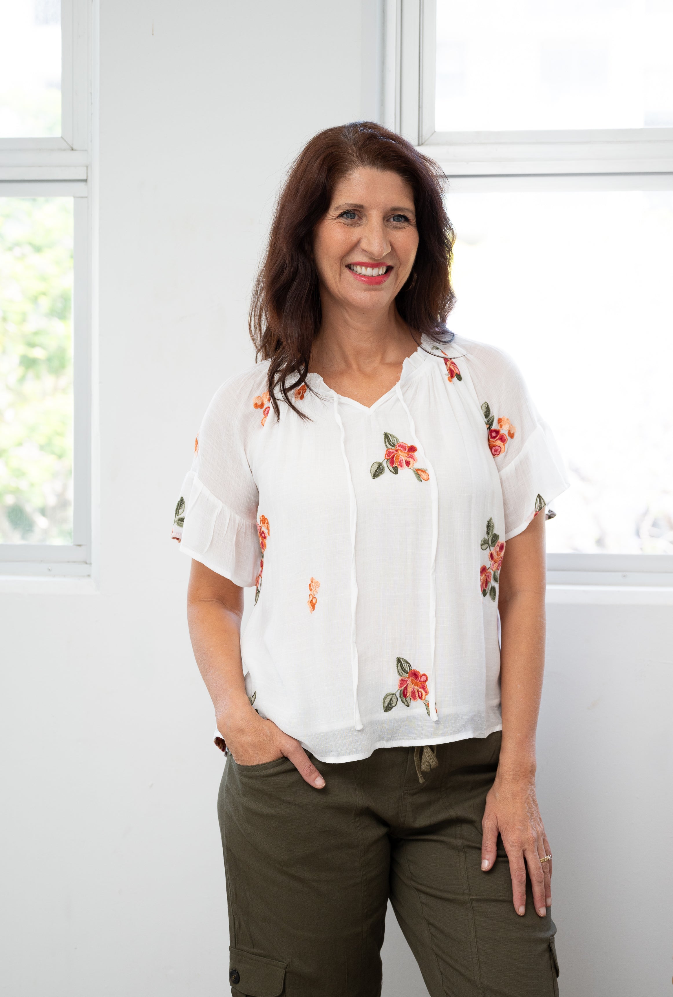 Failey Embroidered Peasant Top White