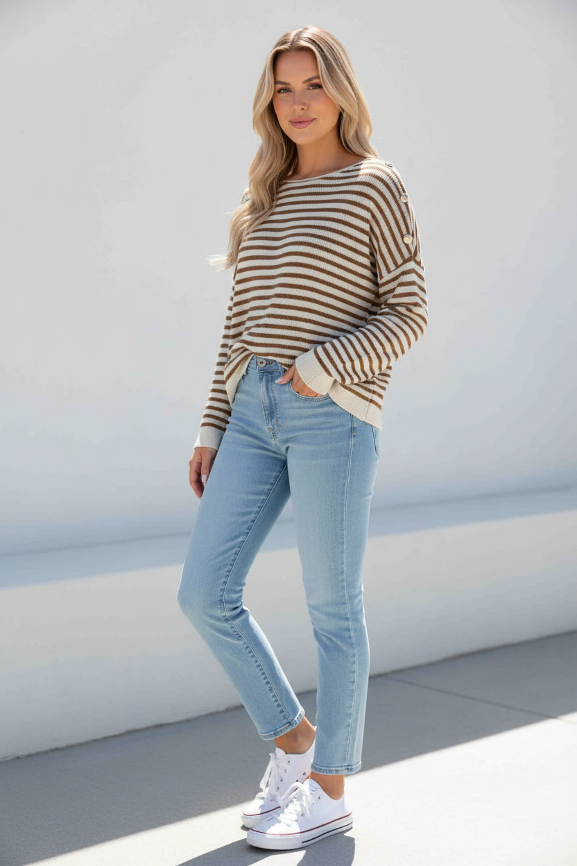 Tamia Striped Knit Top Caramel