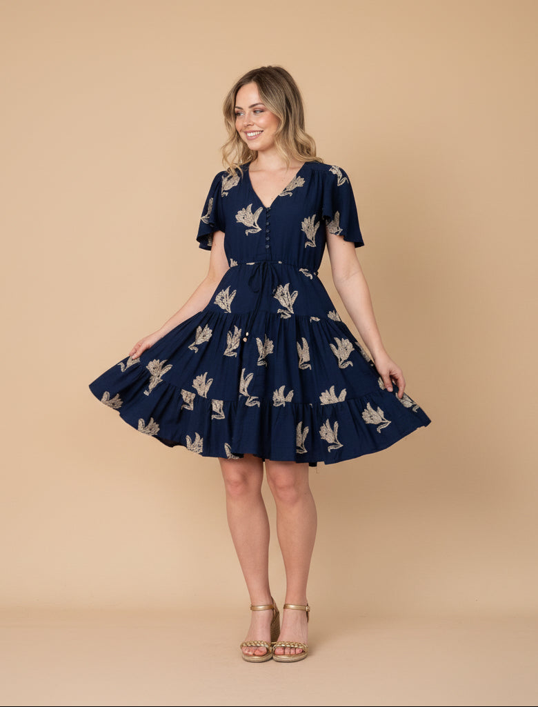 Mali Gold Petal Dress Navy