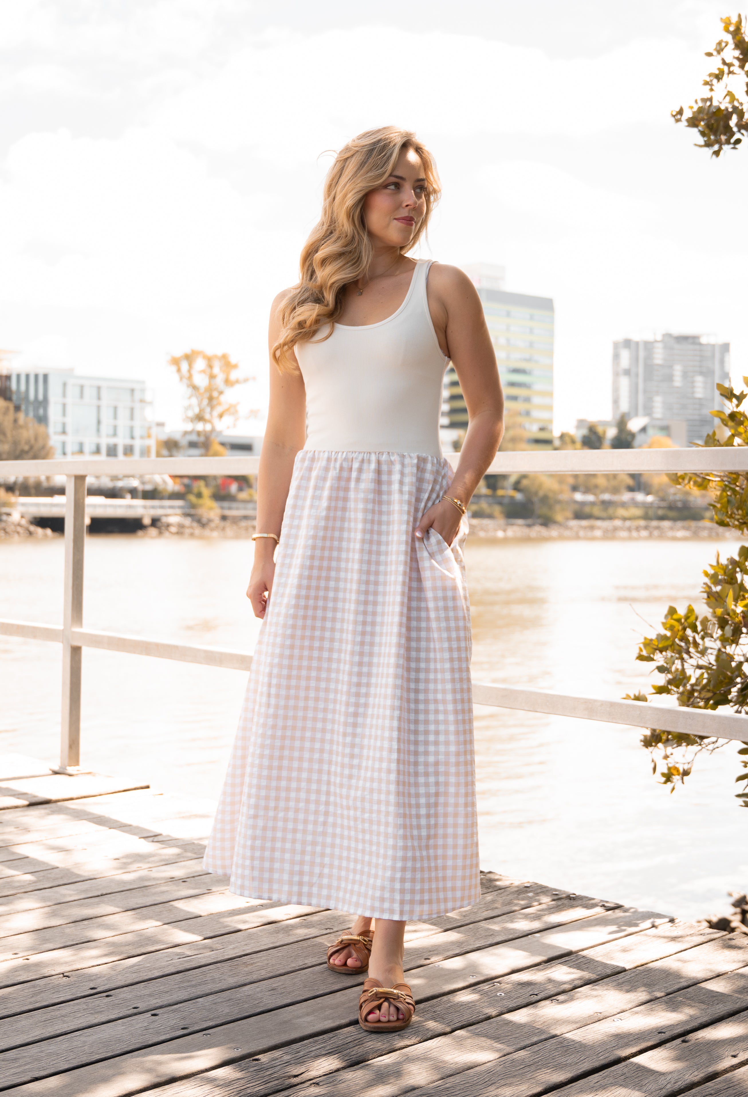 Harmony Gingham Dress Beige