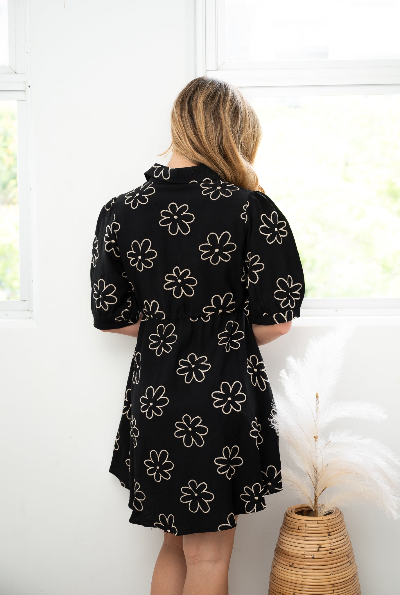Daisy Embroidered Shirt Dress Black