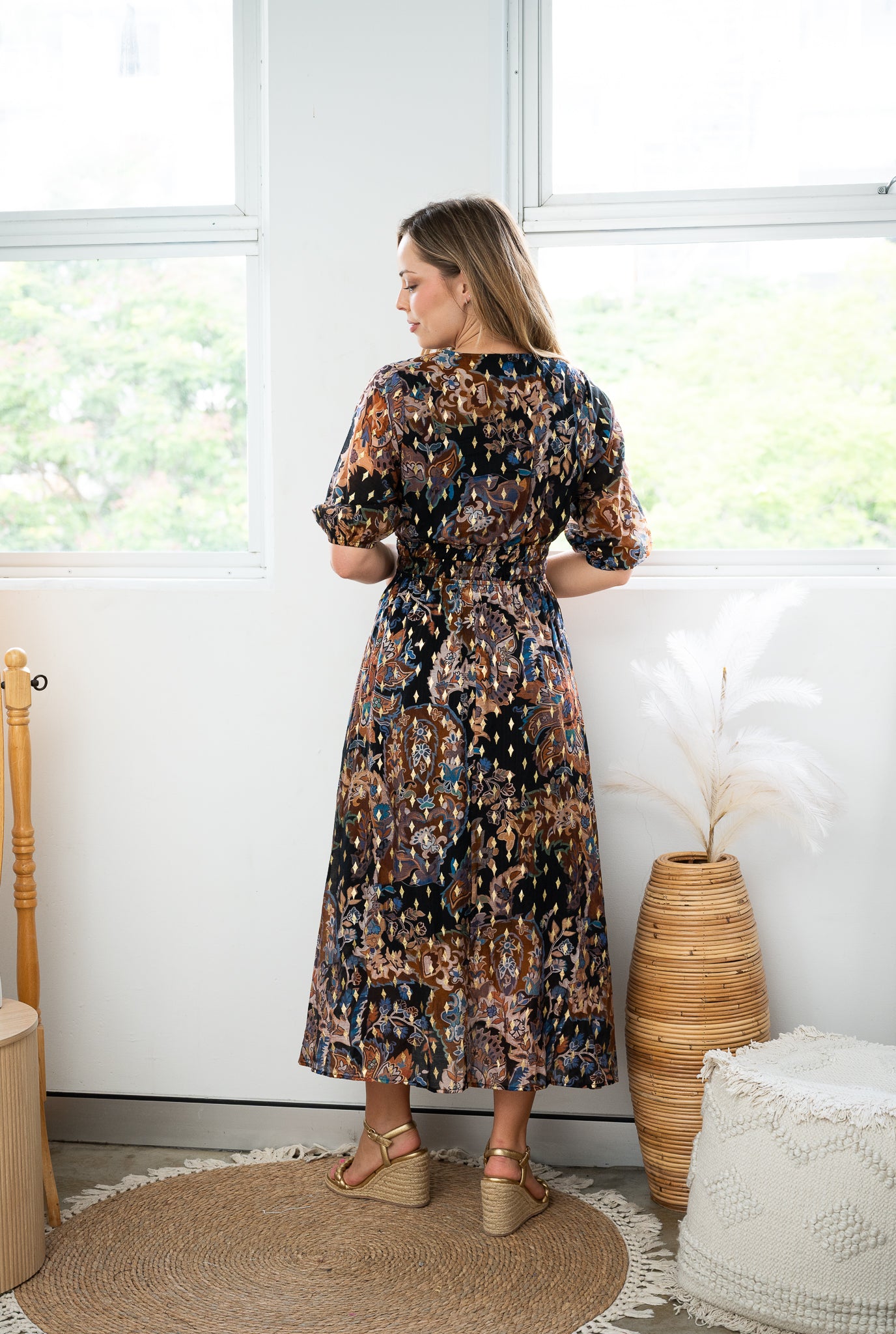 Batic Floral Midi Dress Black