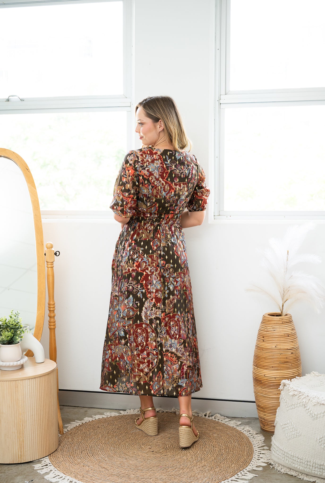 Batic Floral Midi Dress Brown