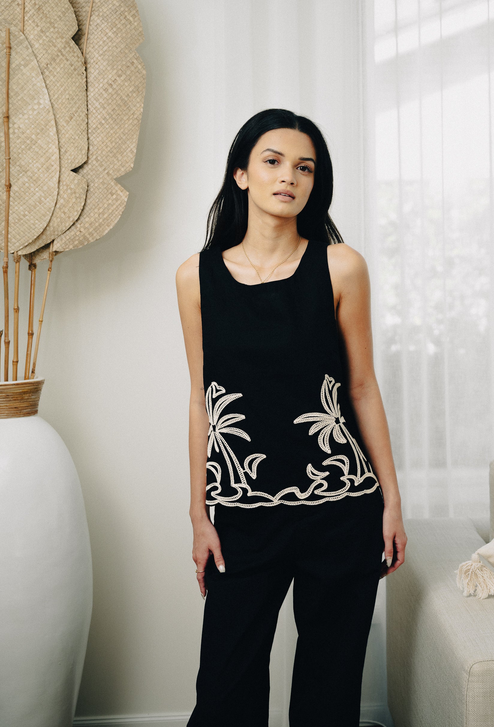 Palm Embroidered Top Black