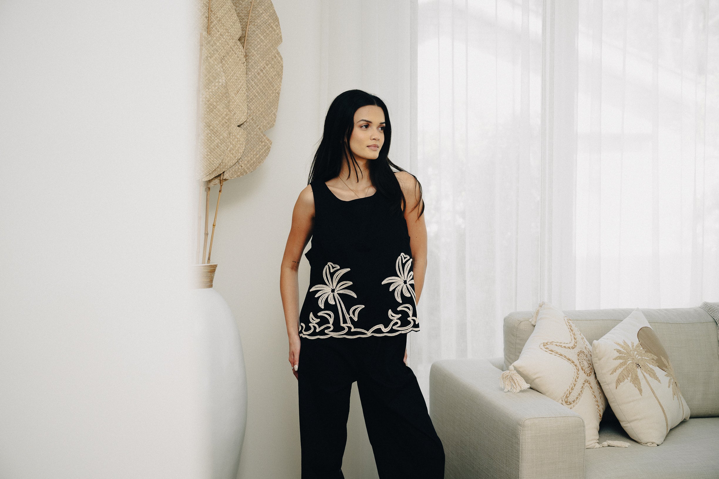 Palm Embroidered Top Black