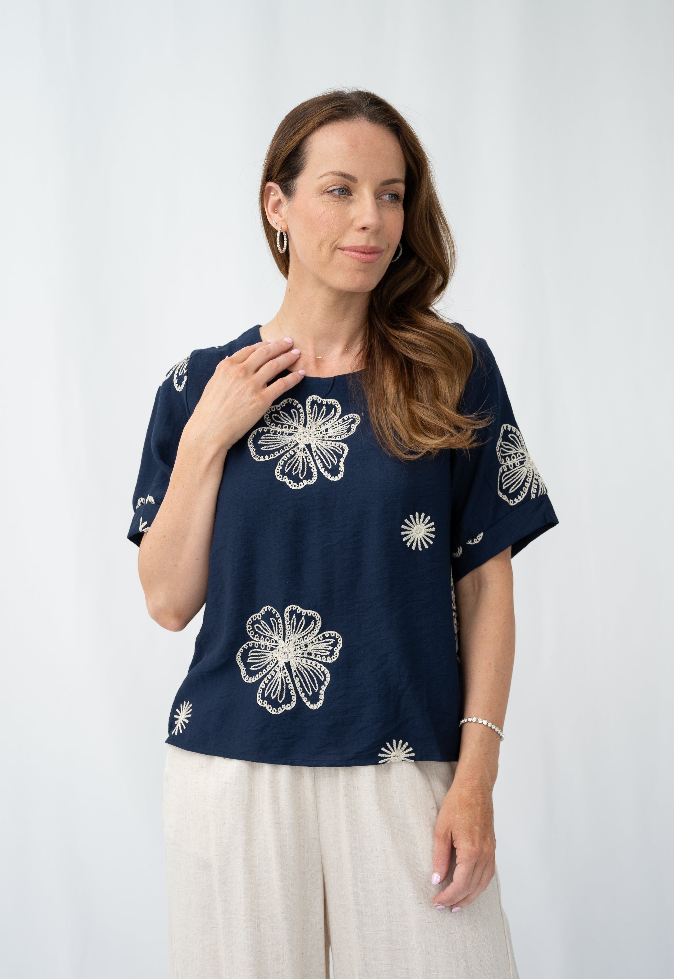 Elice Embroidered Top Navy