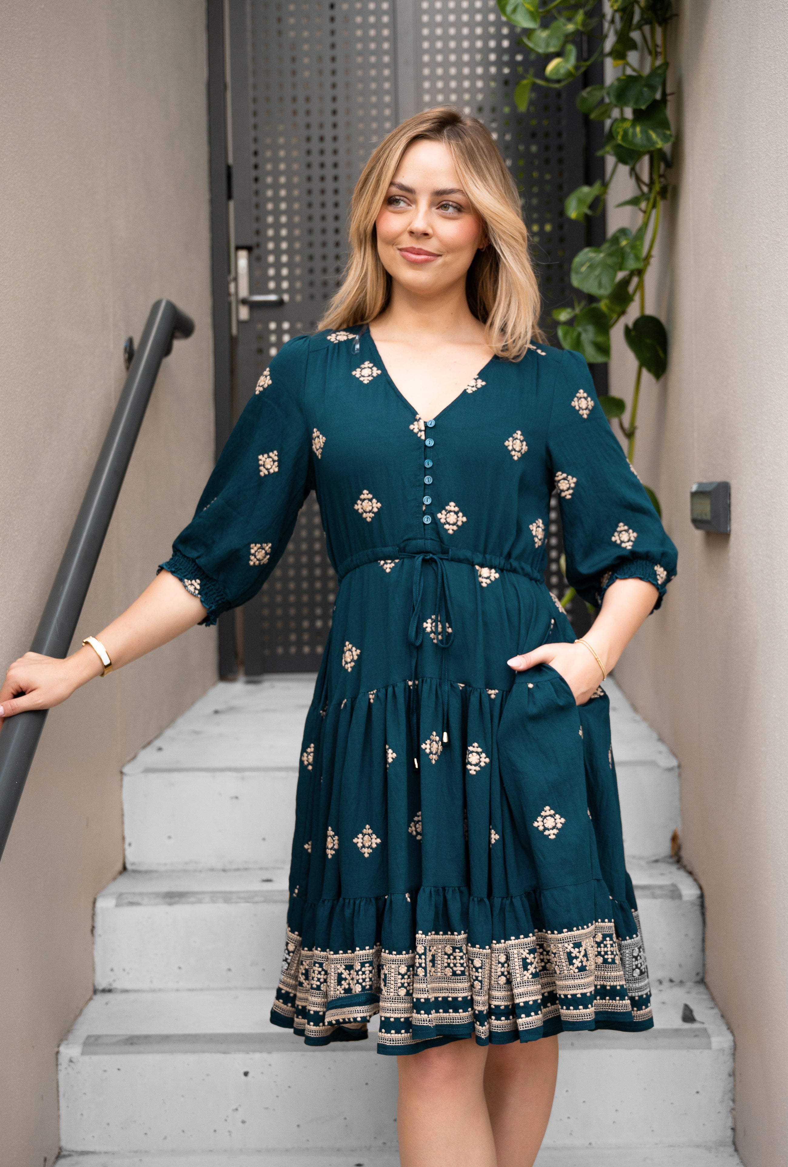 Emberlace Forest Green Embroidered Short Dress