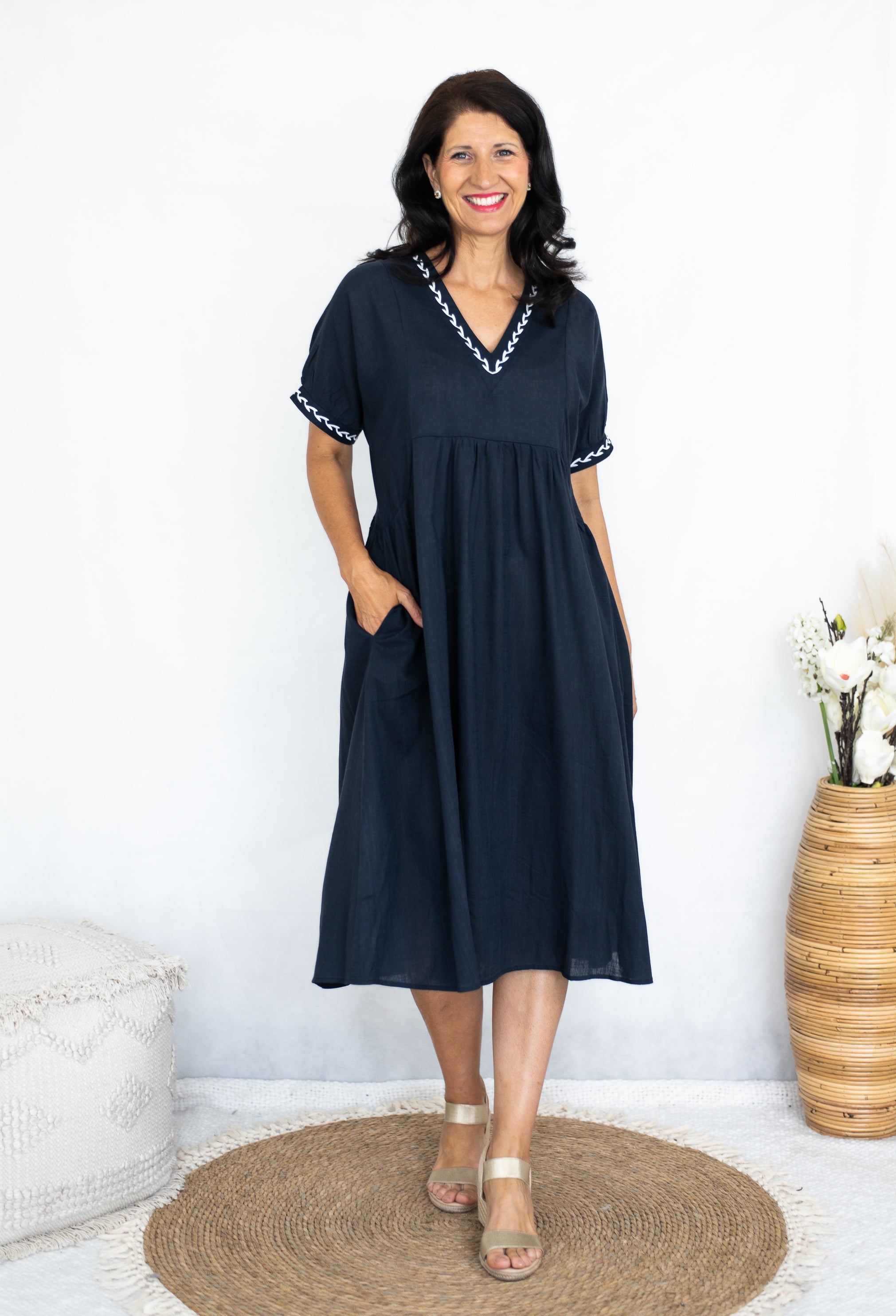 Mira Navy Midi Dress