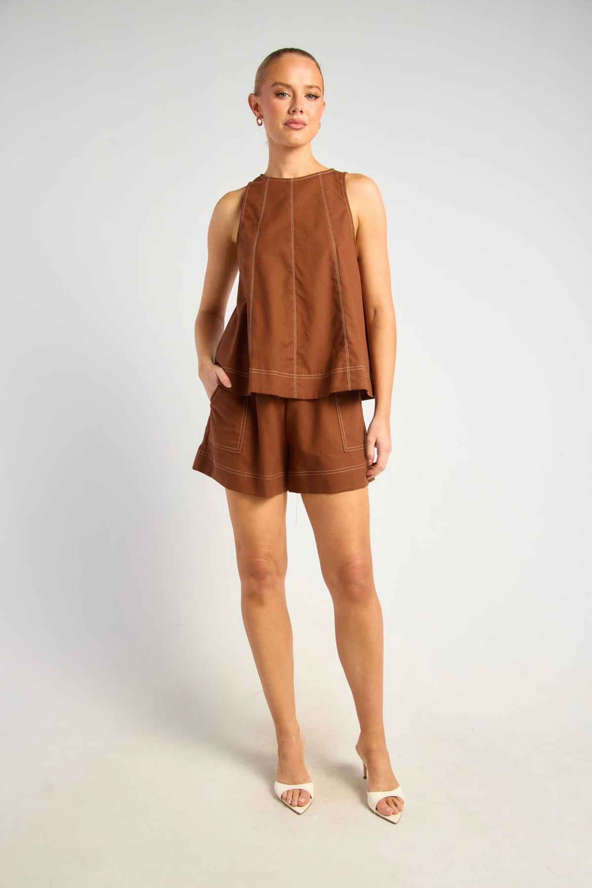 Brianna Cotton Linen Top & Shorts Set Brown
