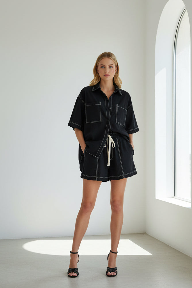 Overstitch Short Sleeve Set Black