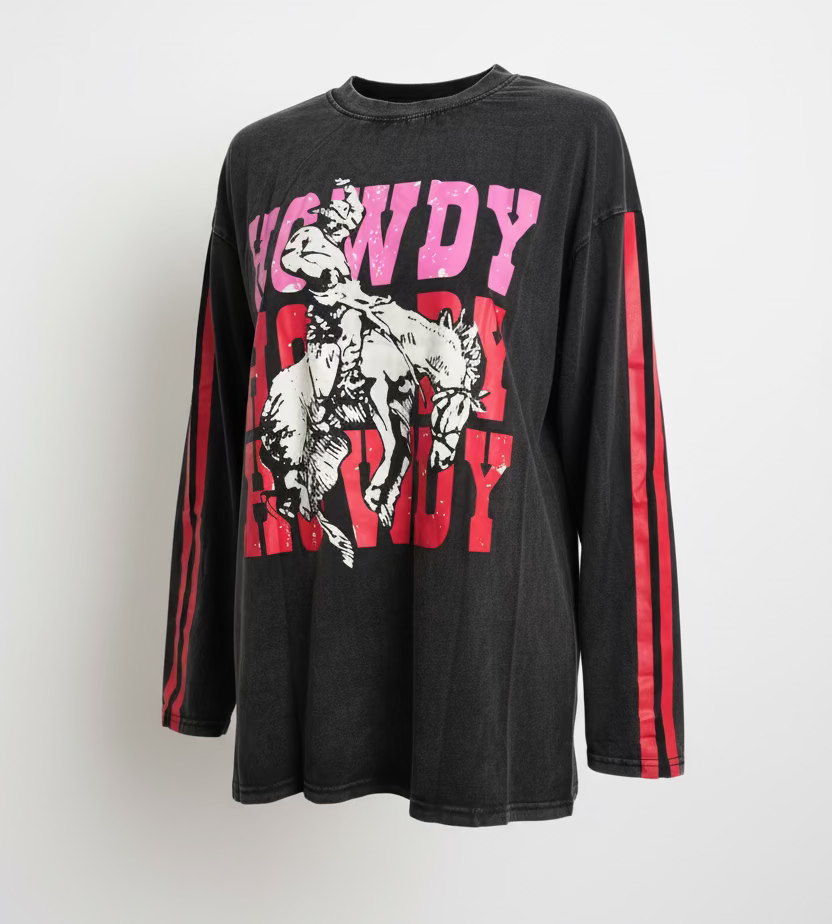 Howdy Black Acid Wash Tee