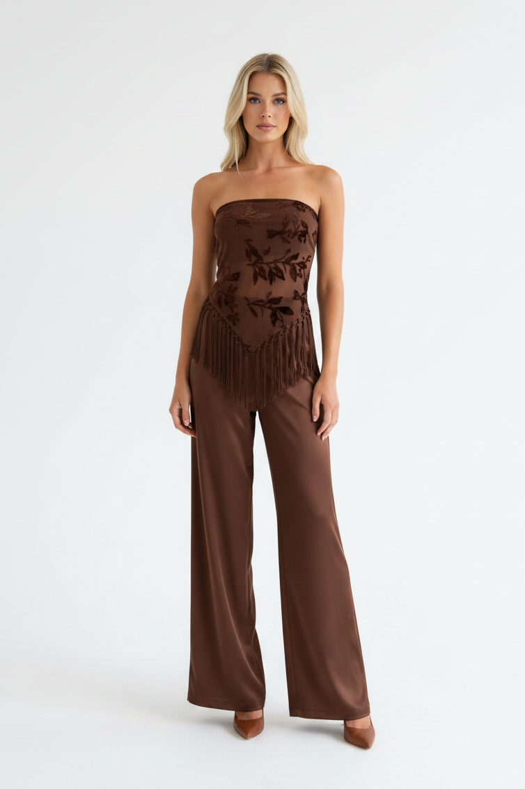 Parisian Dream Fringe Pant Set Chocolate