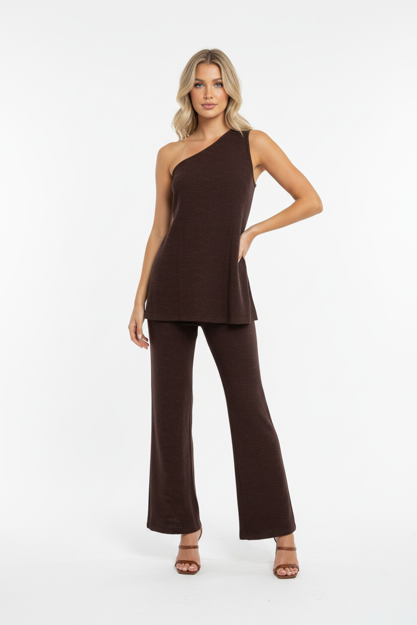 Rebel One Shoulder Top & Pant Set Chocolate
