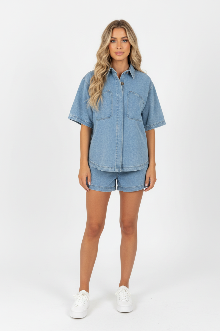 Rhianna Denim Shirt & Short Set Light