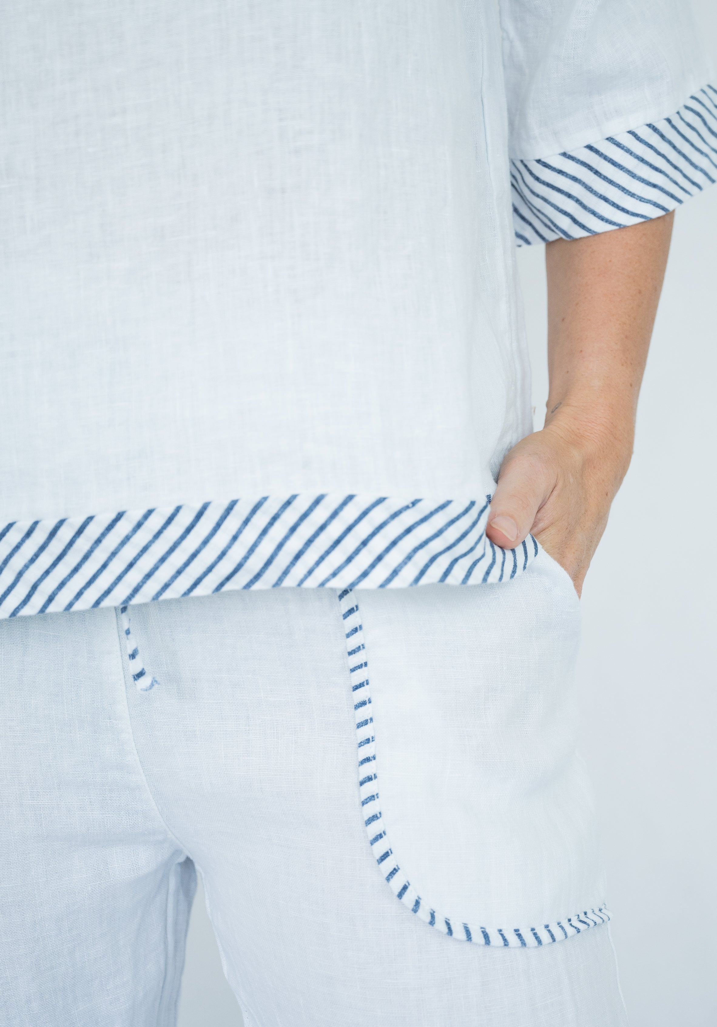Italian Linen Striped Trim Top
