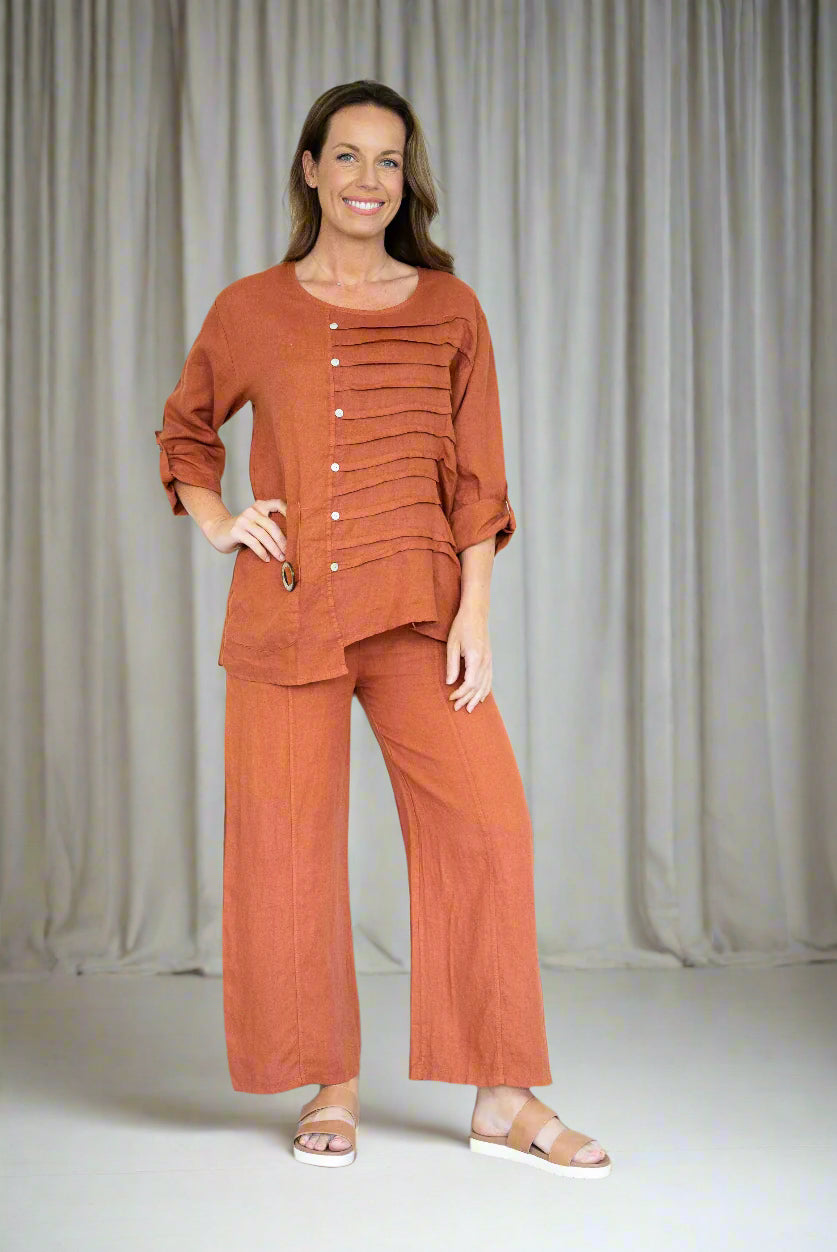 Italian Rust Linen Pin Tuck Top