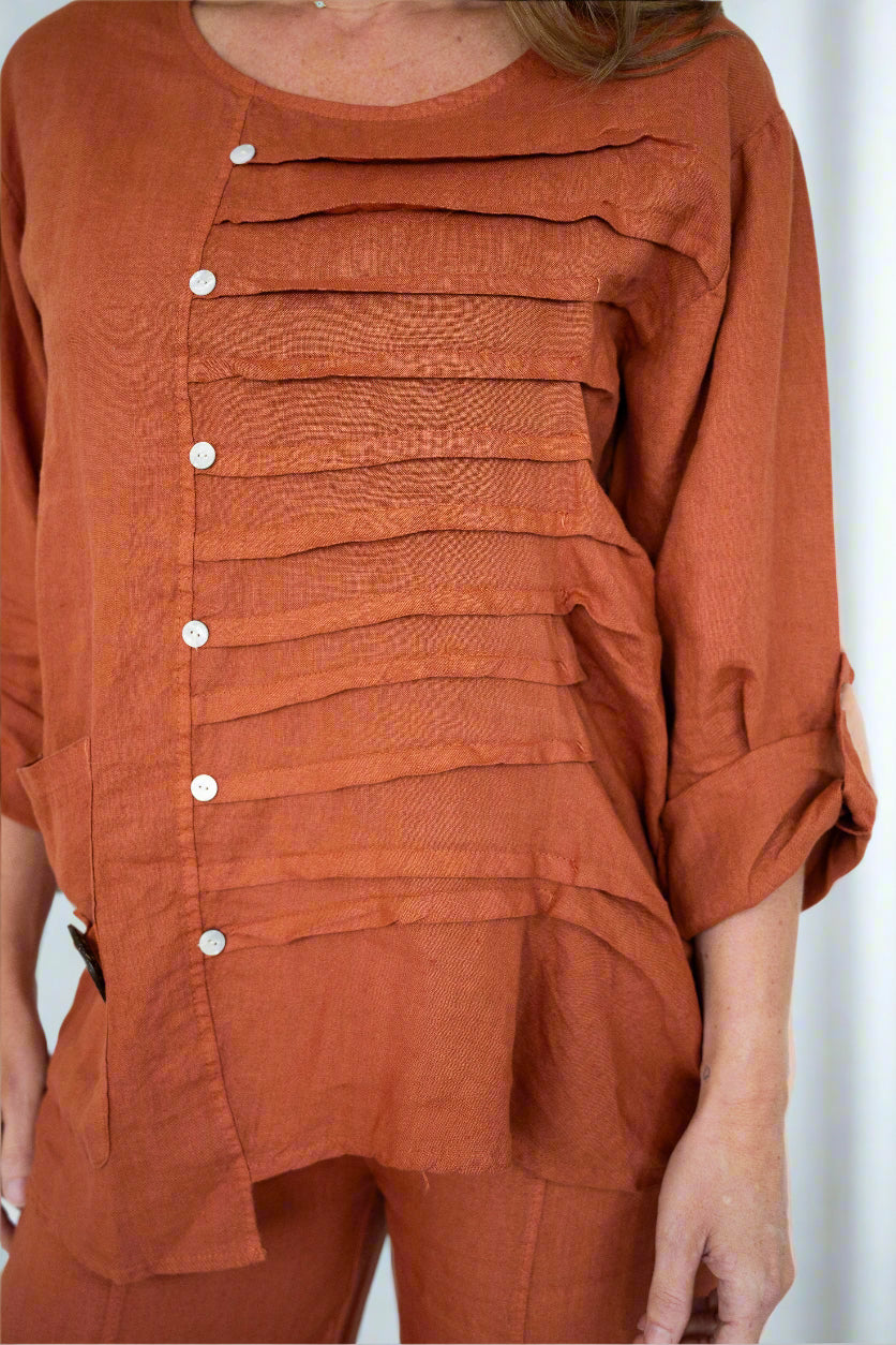 Italian Rust Linen Pin Tuck Top