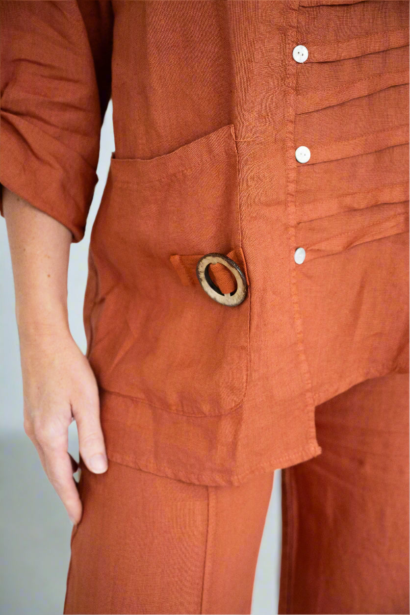 Italian Rust Linen Pin Tuck Top