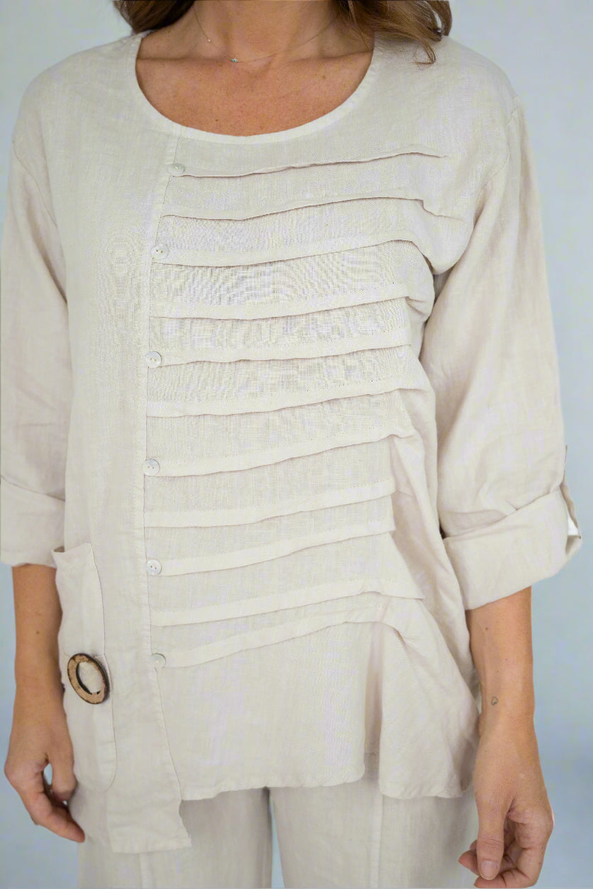 Italian Sand Linen Pin Tuck Top
