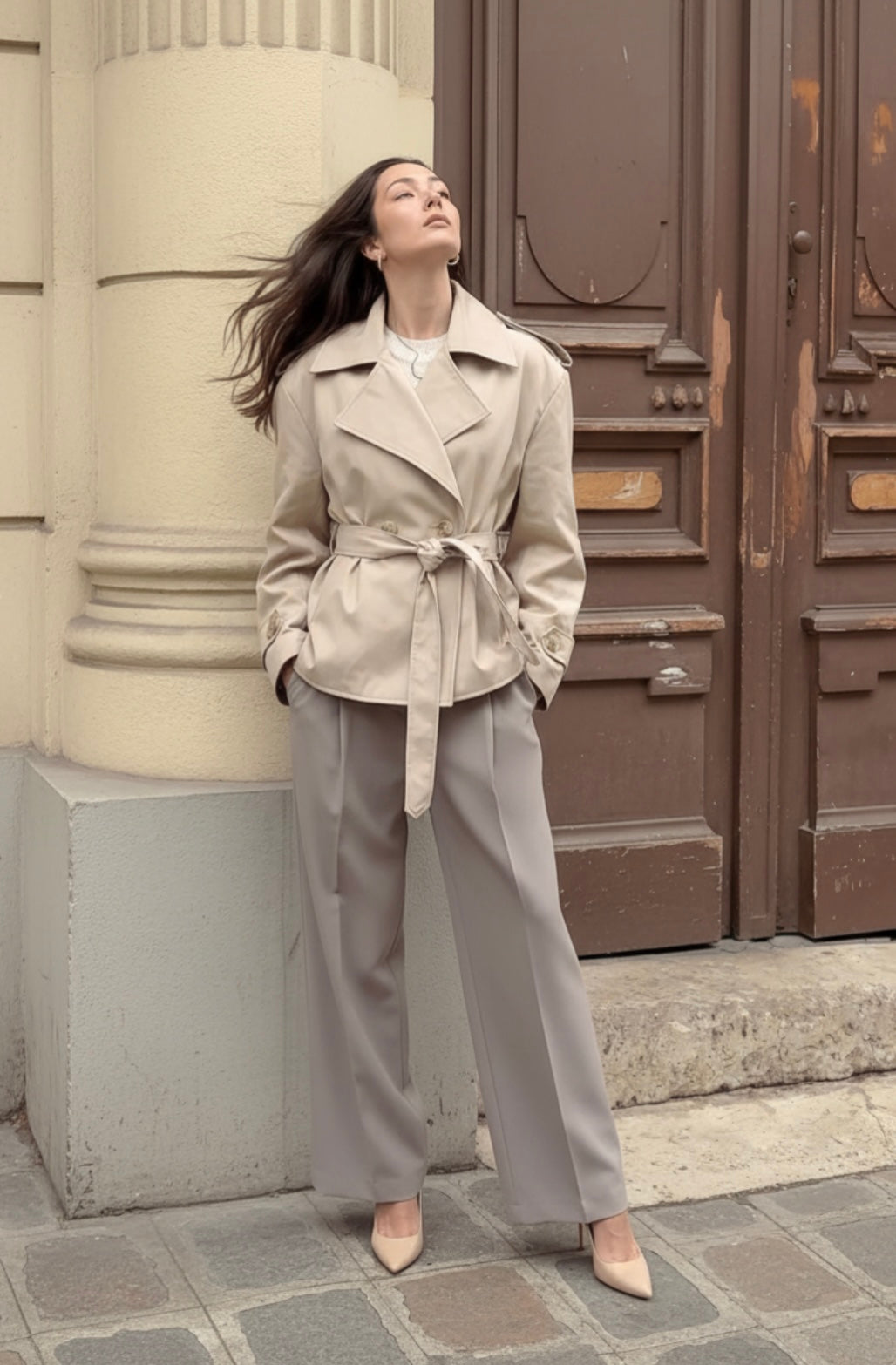 Teagan Cropped Trench Coat in Stone