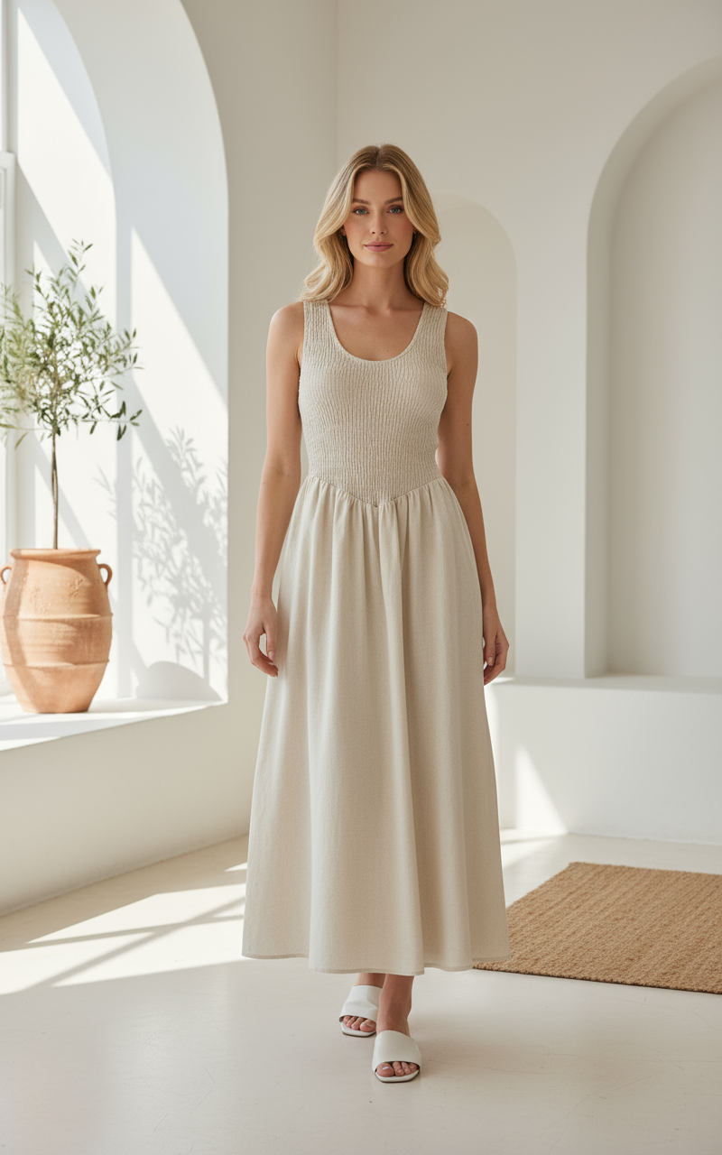 Sheridan Shirred Maxi Dress Natural