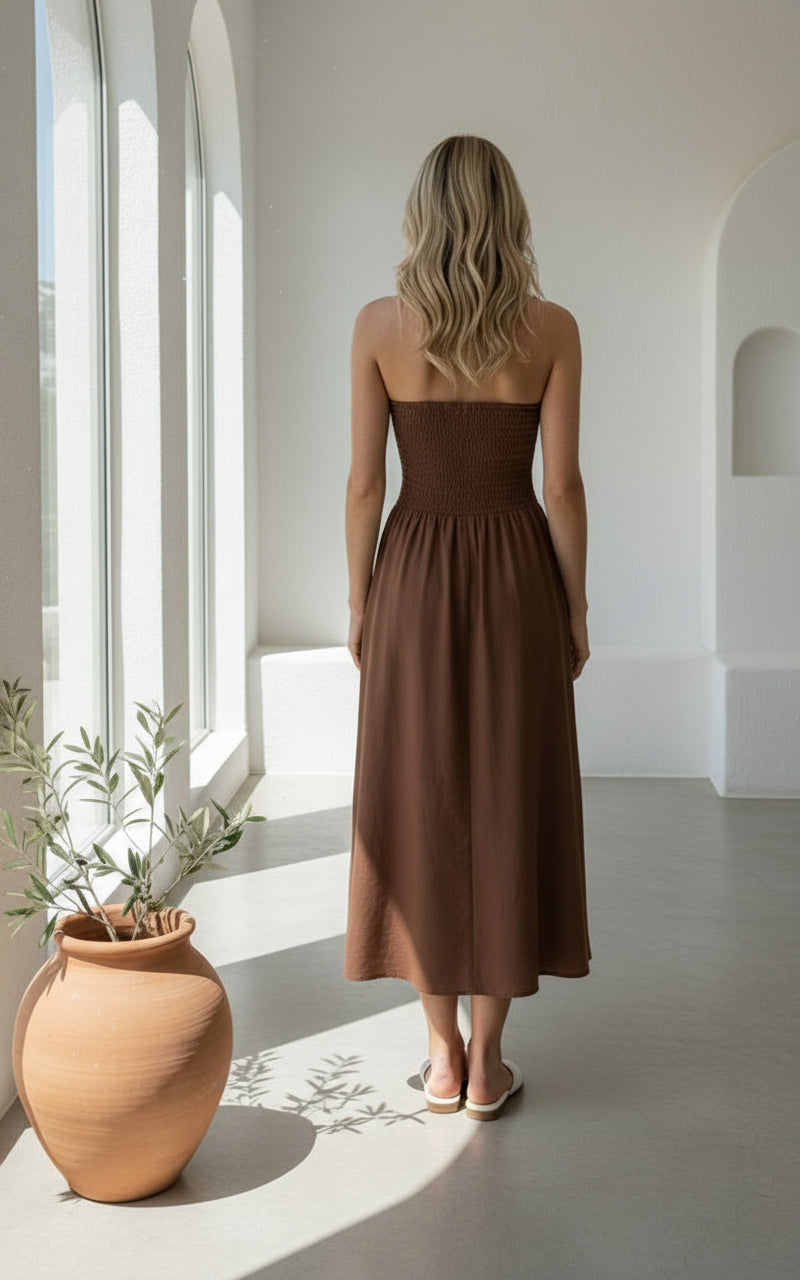 Sheridan Shirred Maxi Dress Chocolate