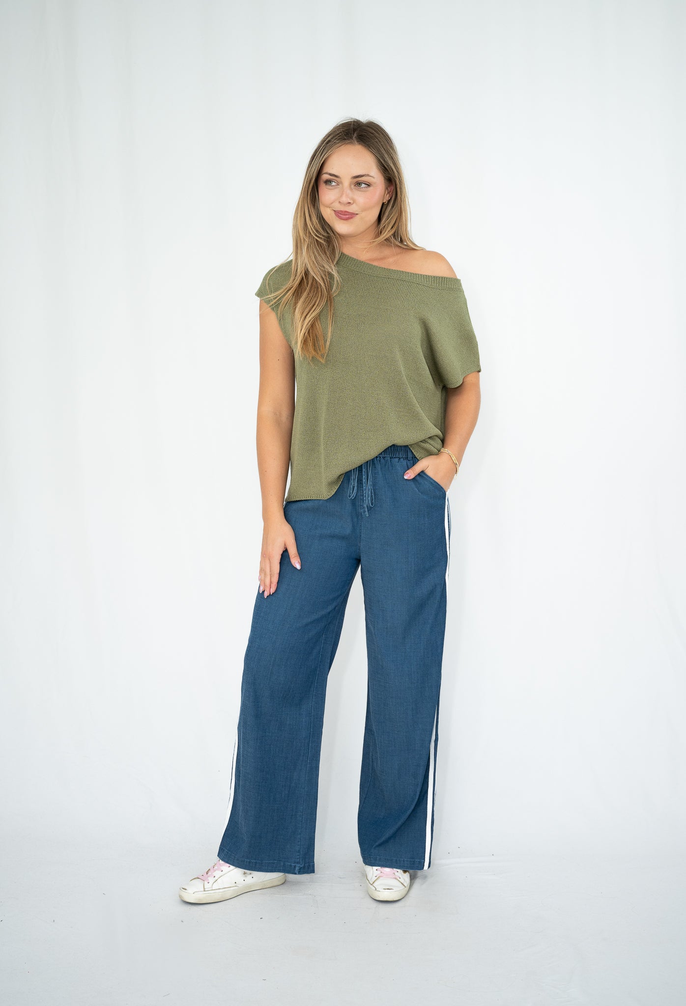 Lia Off-Shoulder Knit Top Khaki