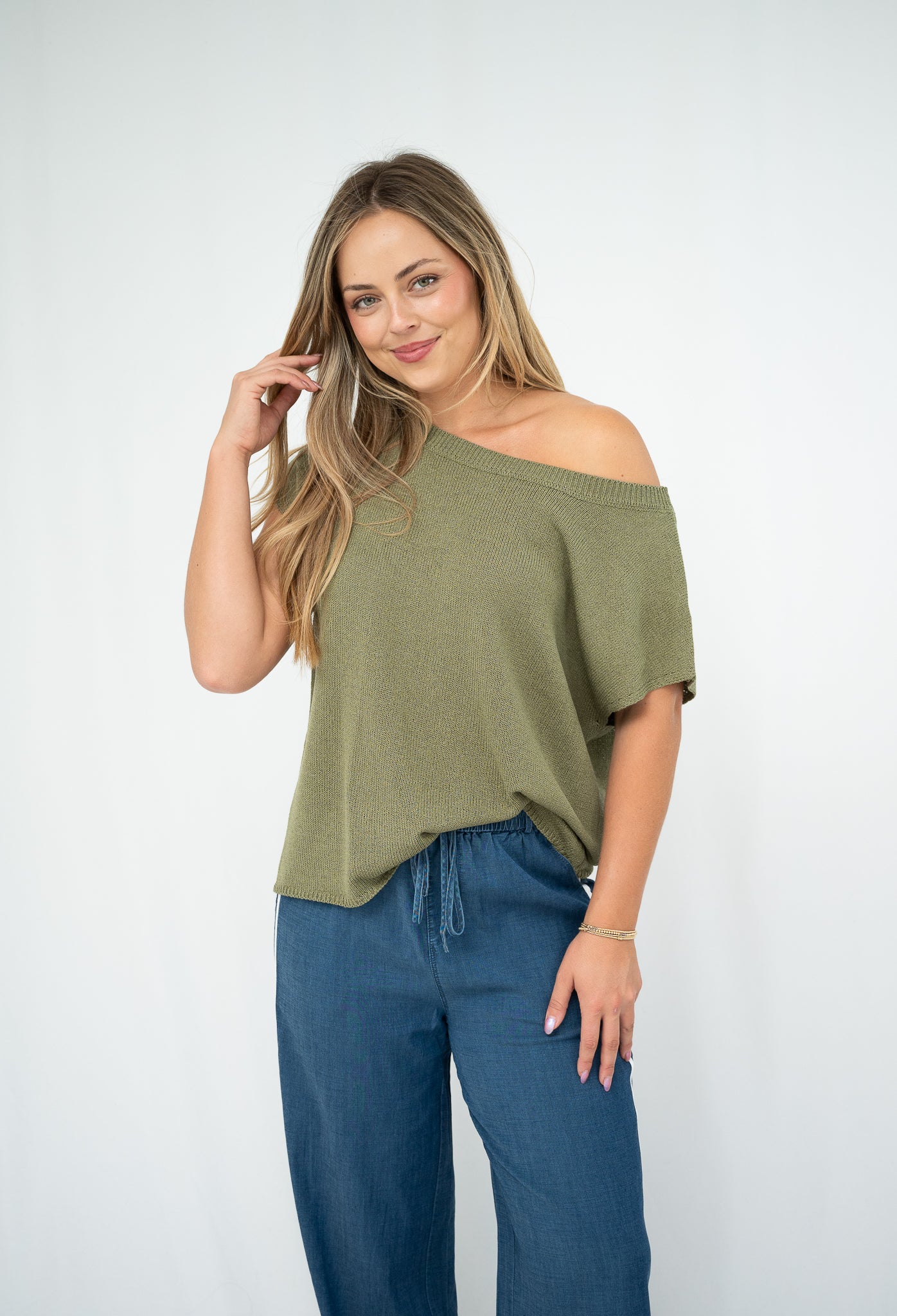 Lia Off-Shoulder Knit Top Khaki