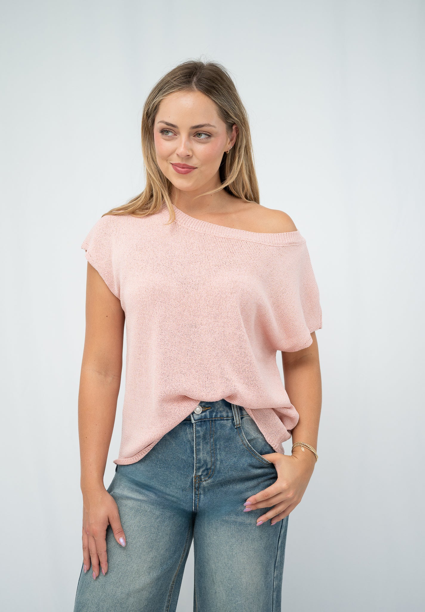 Lia Off-Shoulder Knit Top Pink