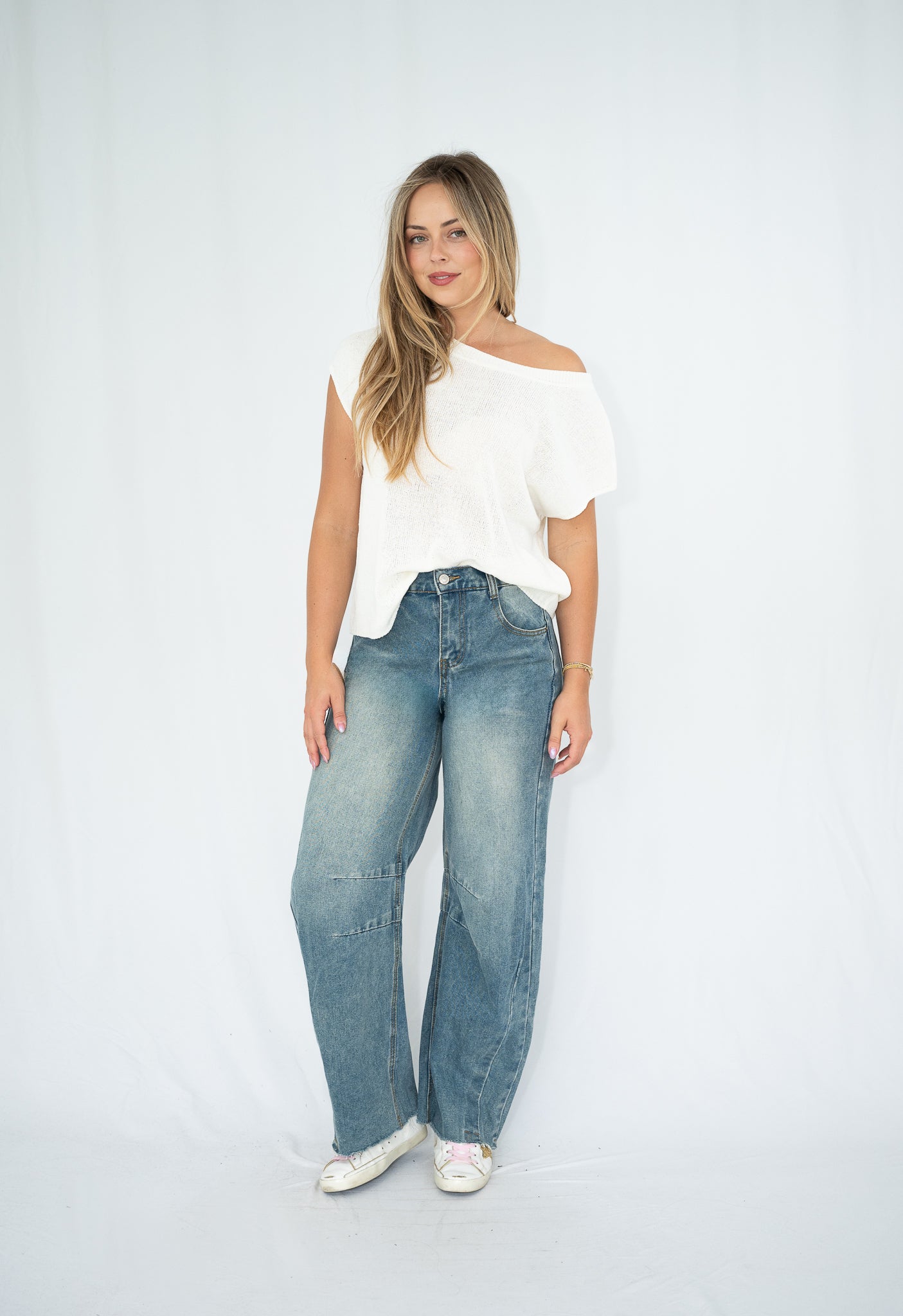 Lia Off-Shoulder Knit Top White