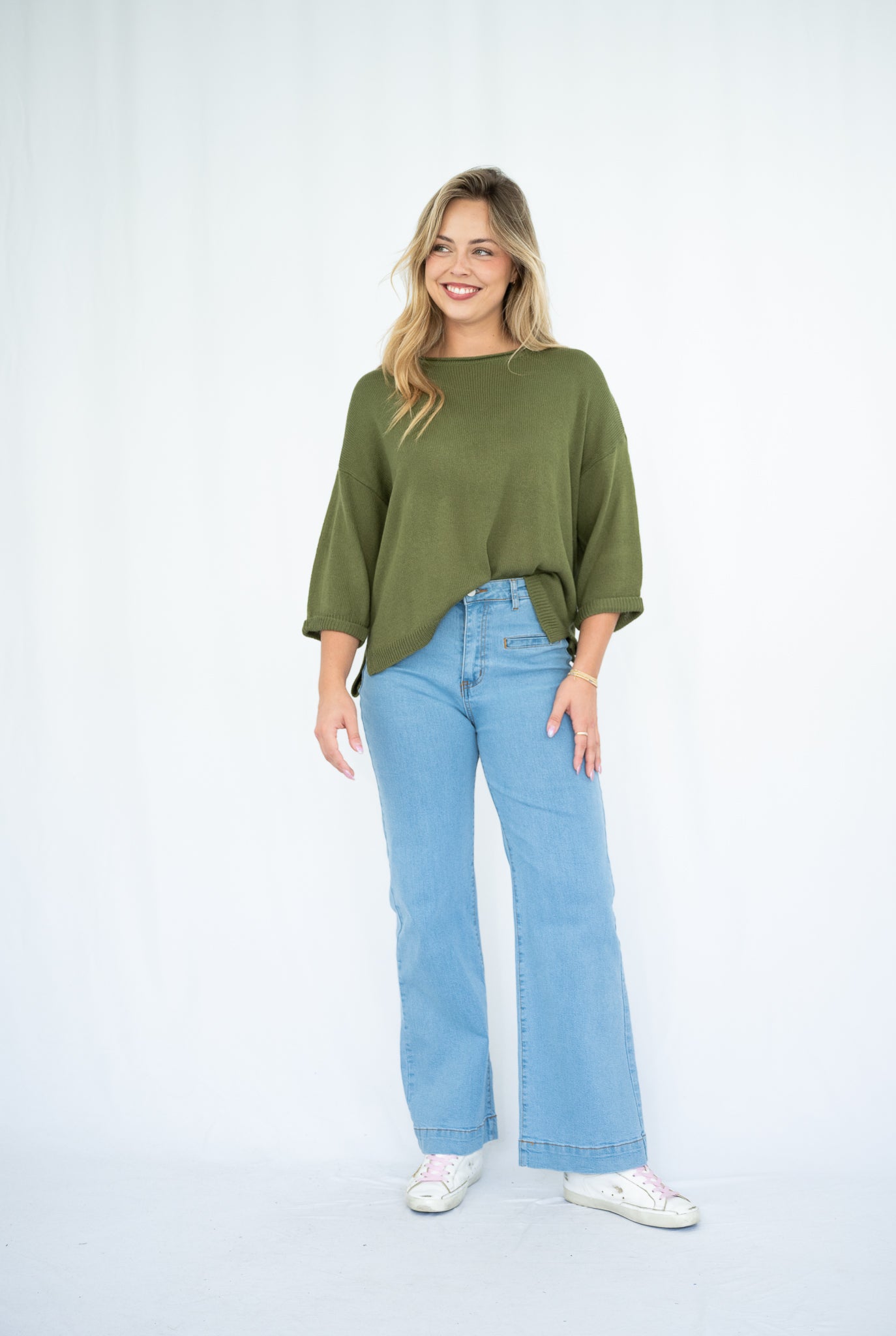 Jackie 3/4 Sleeve Knit Top Khaki