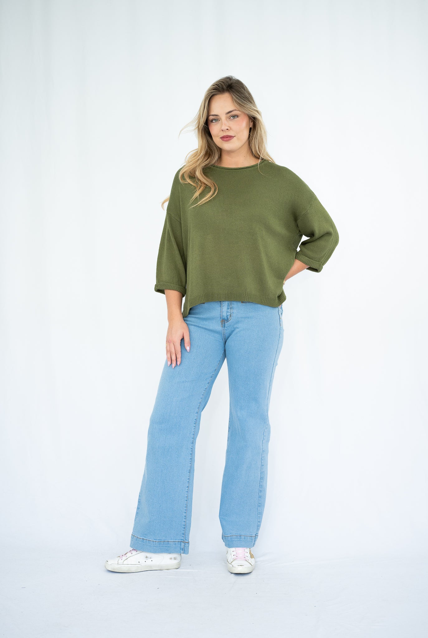Jackie 3/4 Sleeve Knit Top Khaki