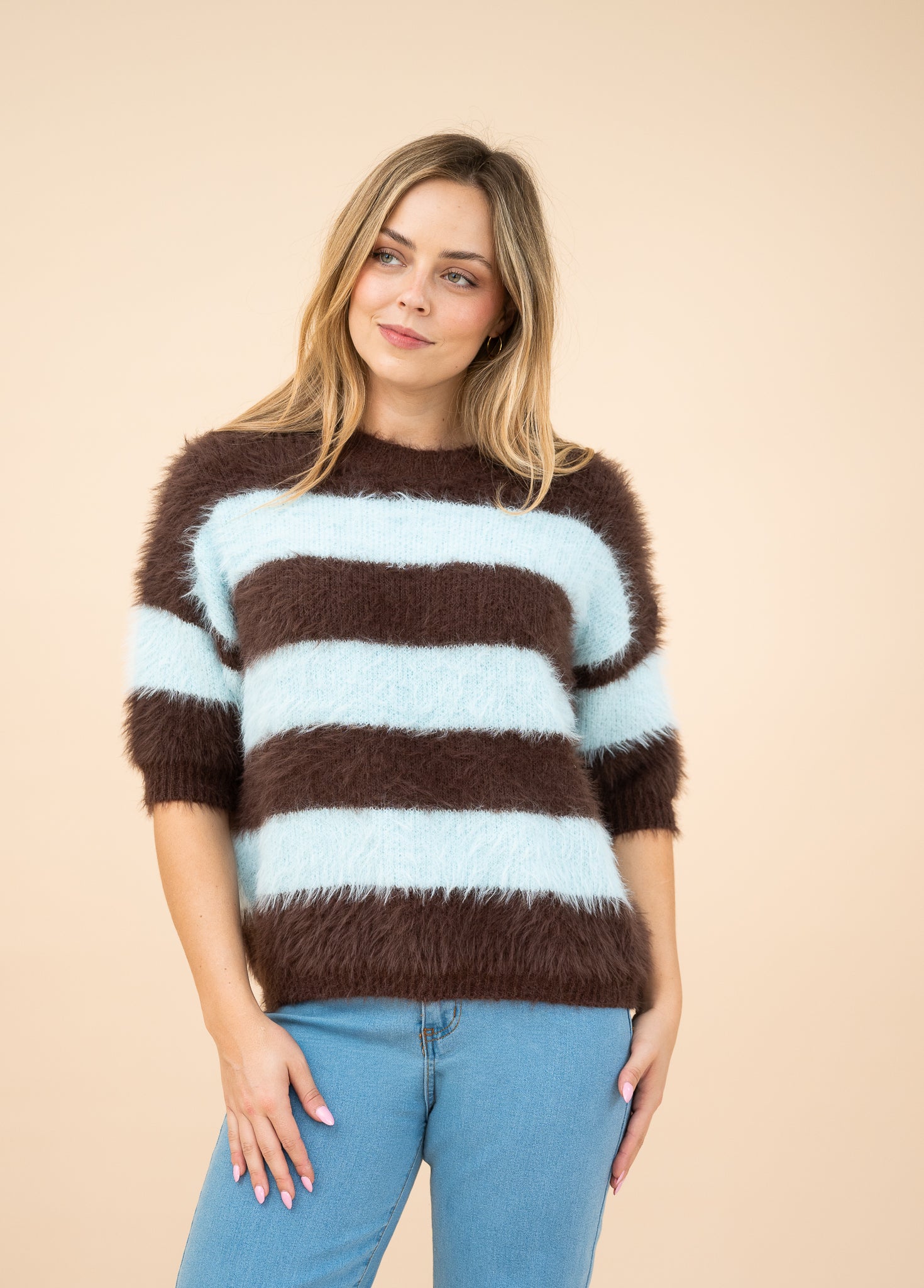 Naylor Stripe Fluffy Jumper Blue/Choc