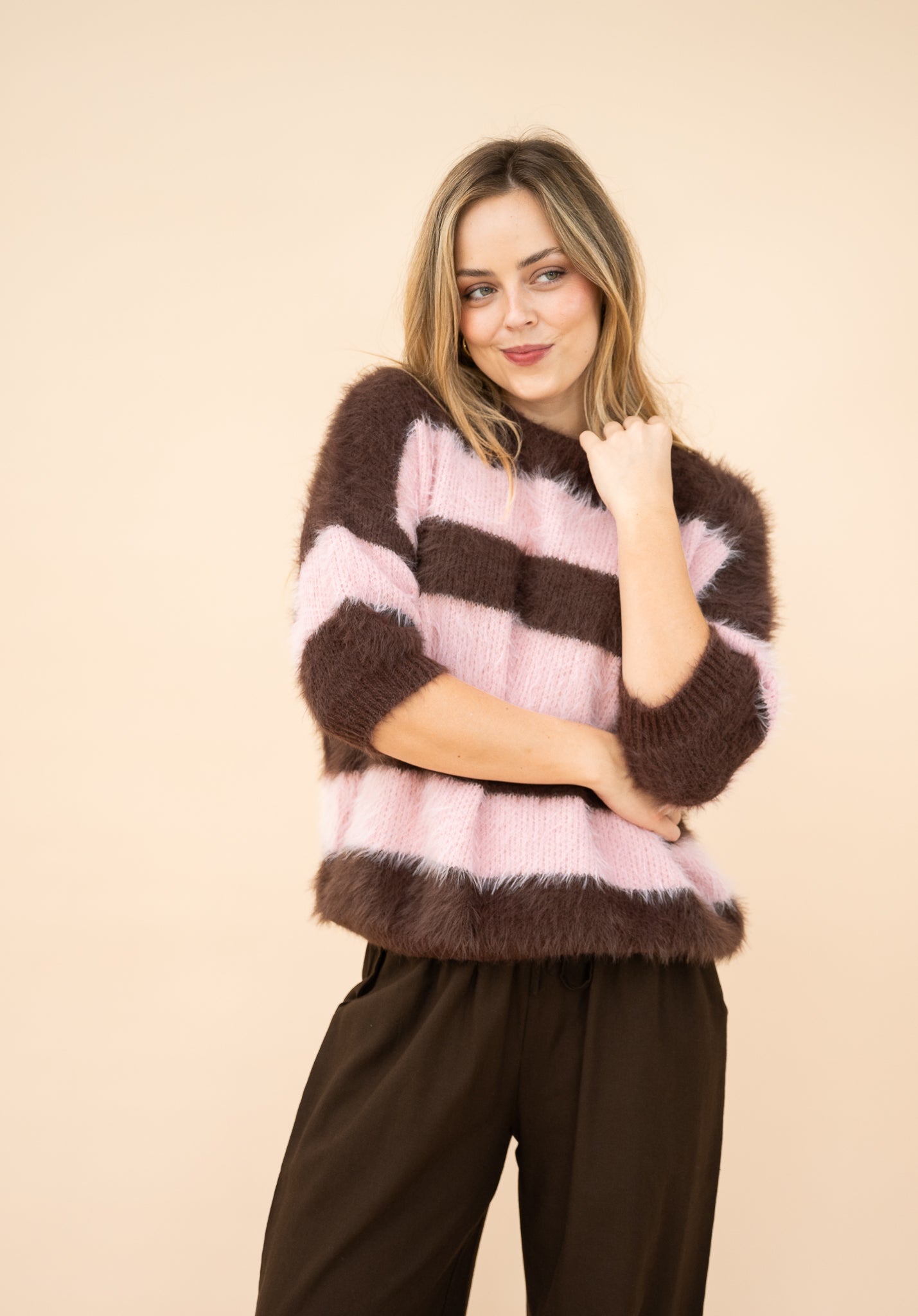 Naylor Stripe Fluffy Jumper Pink/Choc