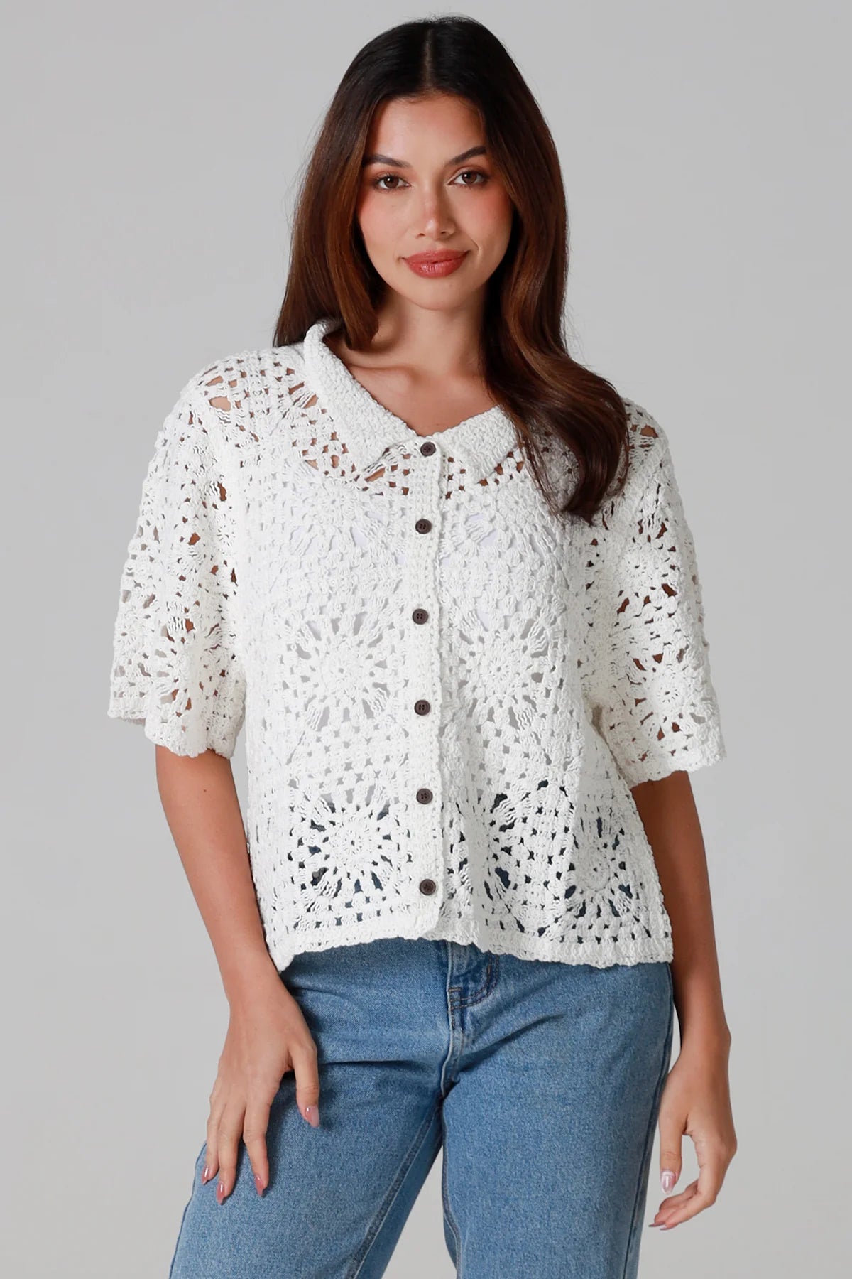 Crochet Collared Top White