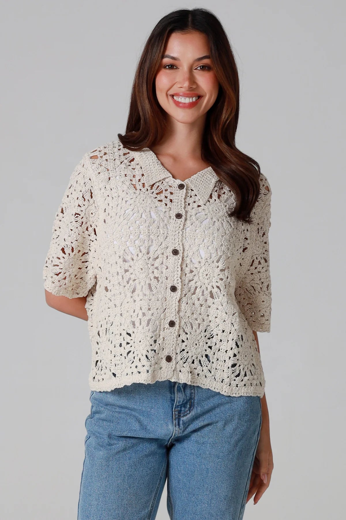 Crochet Collared Top Beige